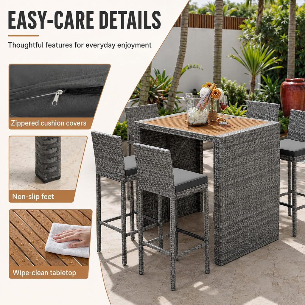 5 Piece Outdoor Bar Set with Acacia Wood Table Top, Gray Wicker Bar Height Table and Chairs with Cushions, Patio High Top Dining Set for 4, for Poolside Backyard Balcony