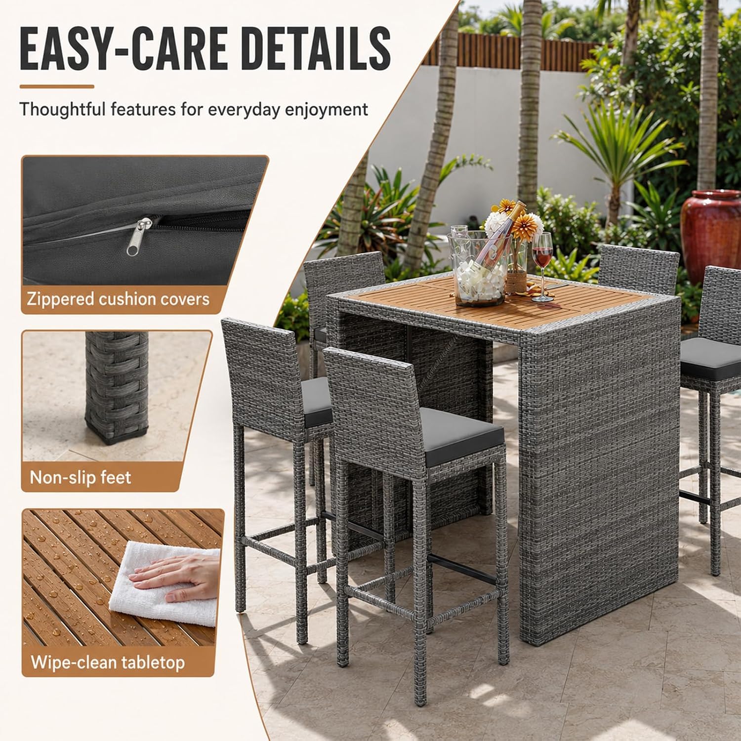 5 Piece Outdoor Bar Set with Acacia Wood Table Top, Gray Wicker Bar Height Table and Chairs with Cushions, Patio High Top Dining Set for 4, for Poolside Backyard Balcony