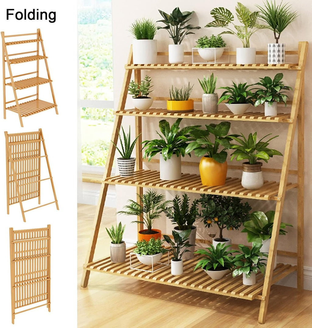 LIGUOYI 4-Tier Ladder Plant Stand, Multi Plant Pot Holder Bamboo Garden Shelves Storage Organizer Rack, 4 Colors Folding Flower Plant Stand Display Rack for Patio Garden Living Room