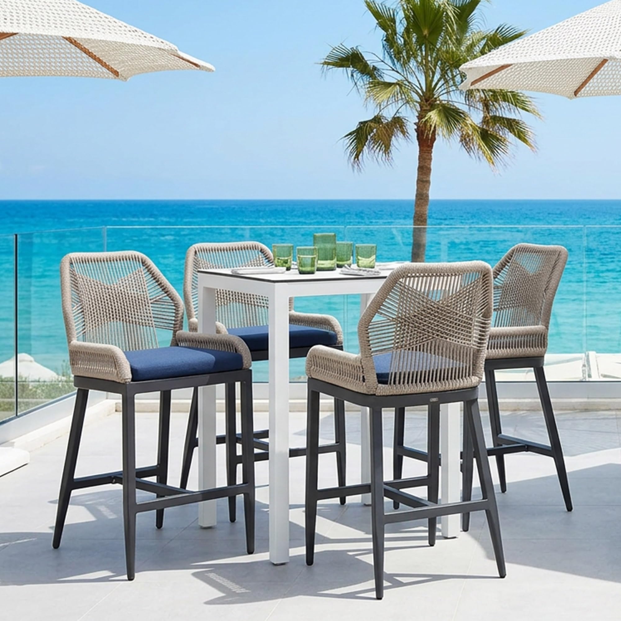 PURPLE LEAF Patio Sunbrella Counter Height Bar Stools 24" H Set of 2 Modern Rattan Bar Chairs Aluminum Stool Outdoor Wicker Barstools with Back and Cushion for Garden Kitchen Island