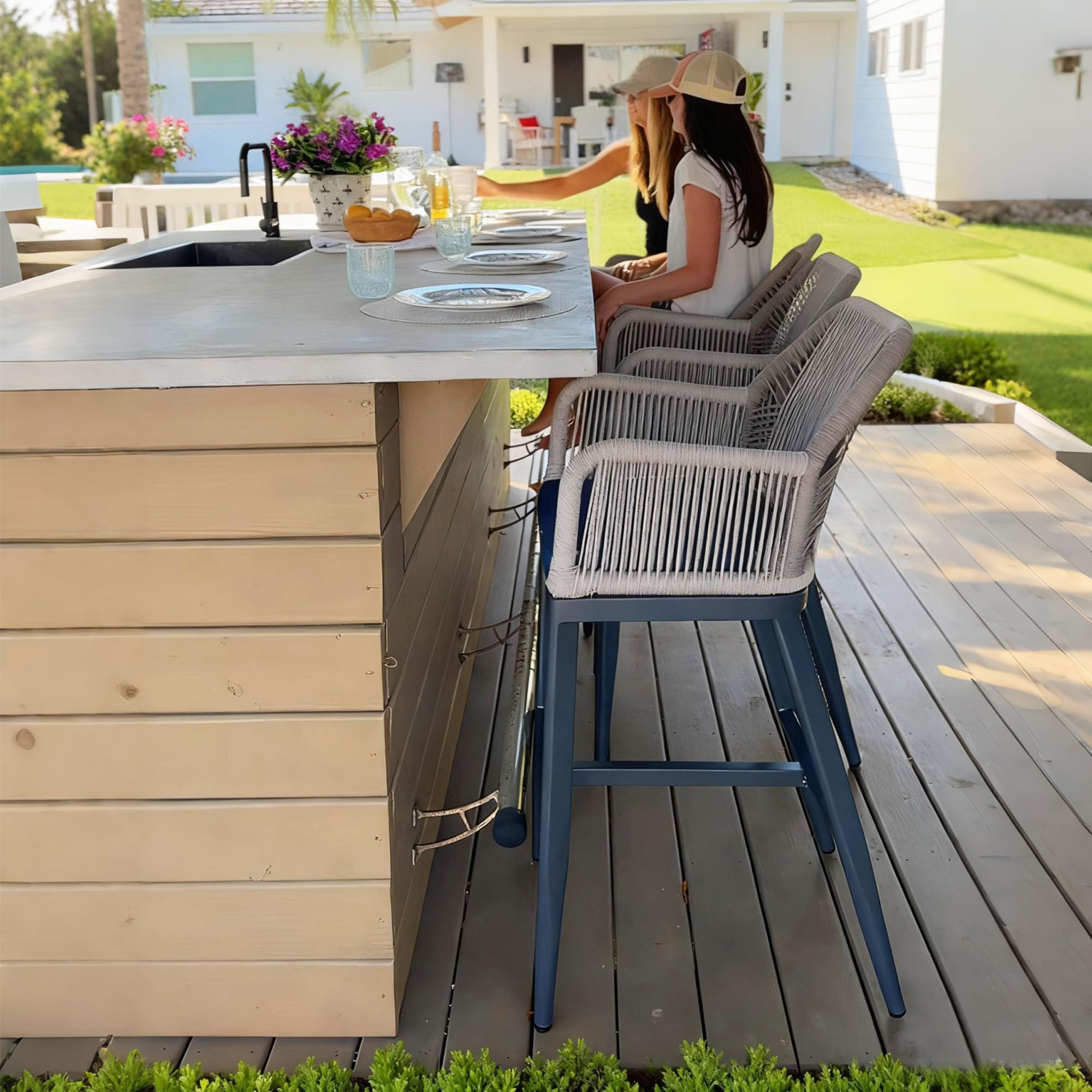 PURPLE LEAF Patio Sunbrella Counter Height Bar Stools 24" H Set of 2 Modern Rattan Bar Chairs Aluminum Stool Outdoor Wicker Barstools with Back and Cushion for Garden Kitchen Island