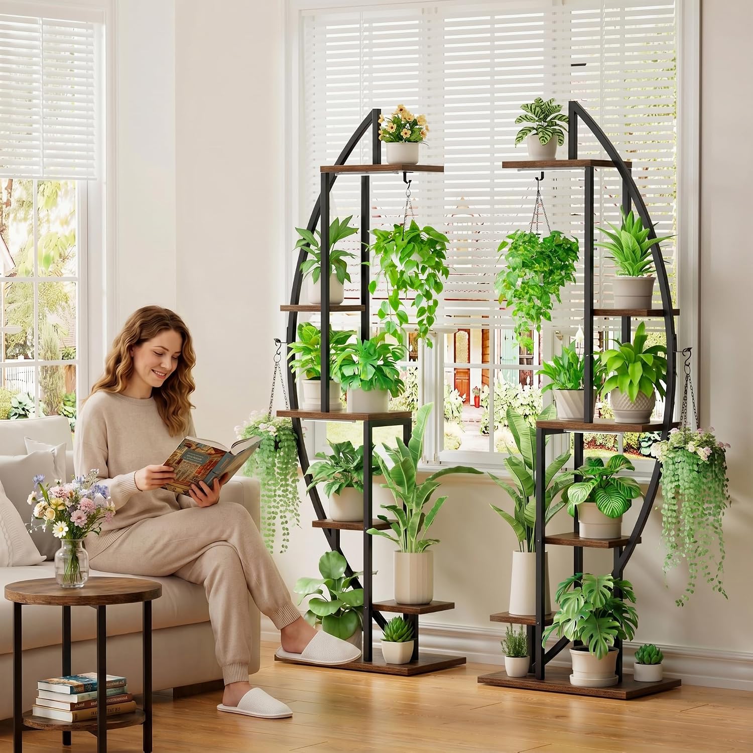 2 Pcs Half-Moon 6-Tier Tall Metal Plant Stand with Grow Lights for Indoor Plant Display