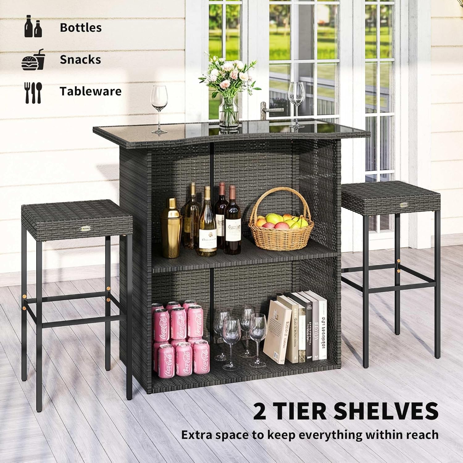 Outsunny 5 Piece Wicker Outdoor Bar Set, High Top Outdoor Table and Chairs, Height Patio Set with Glass Table Top 2 Tier Storage Shelf and 4 Bar Stools for Garden, Poolside, Dark Gray