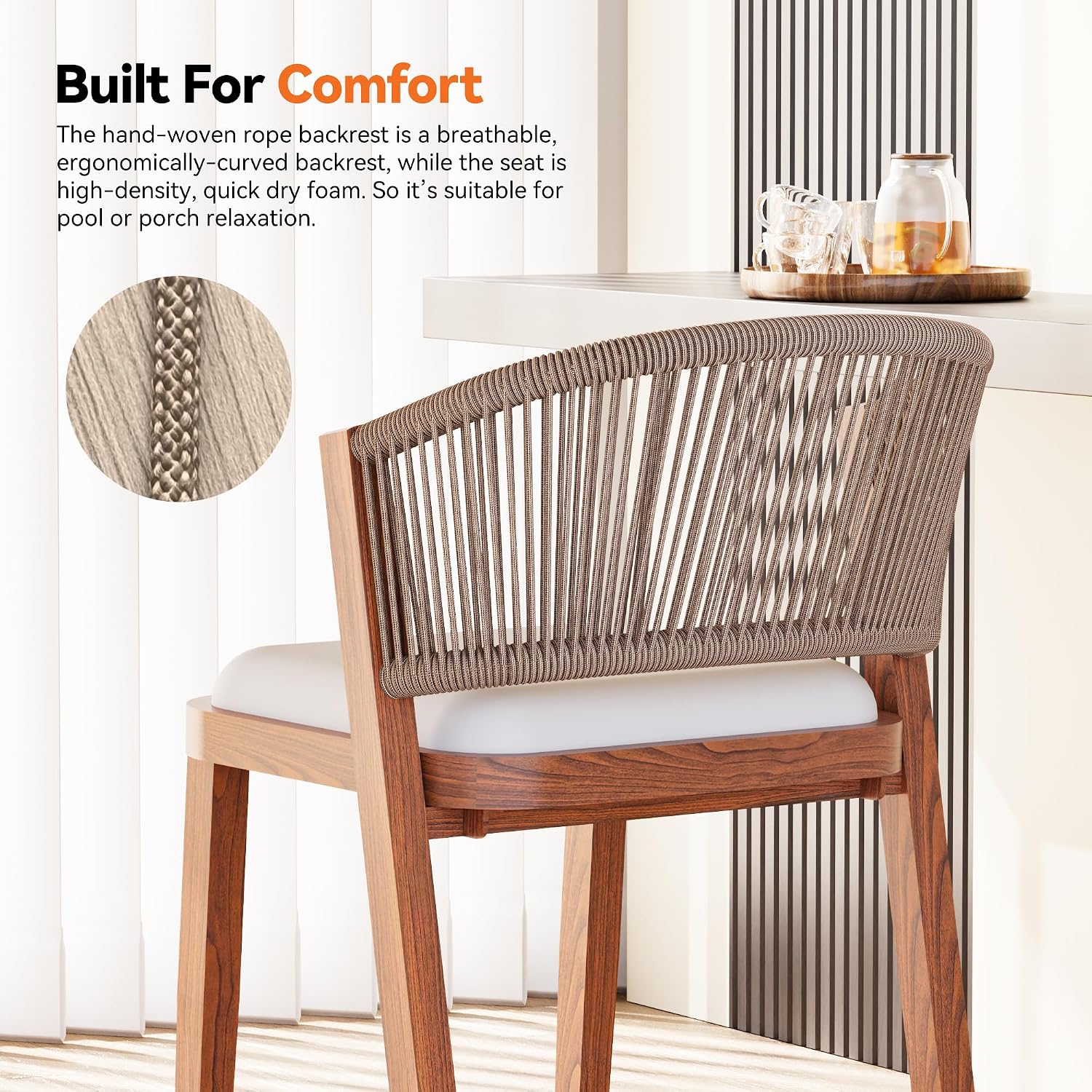 Modern Shade Chatham Outdoor Counter Height Bar Stool Set of 2 with Rope Woven Backrest, Wood Grain Aluminum Frame & Cushioned Seat, Modern Counter Height Bar Stool for Patio, Kitchen & Home Bar