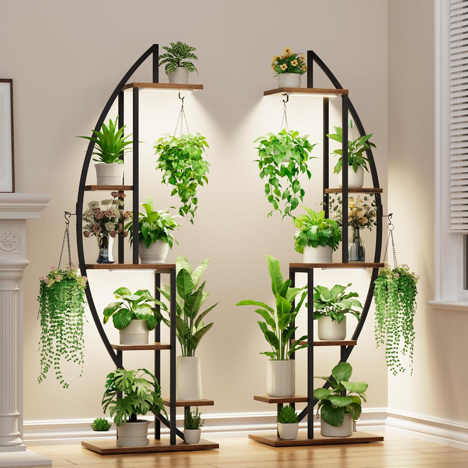 2 Pcs Half-Moon 6-Tier Tall Metal Plant Stand with Grow Lights for Indoor Plant Display