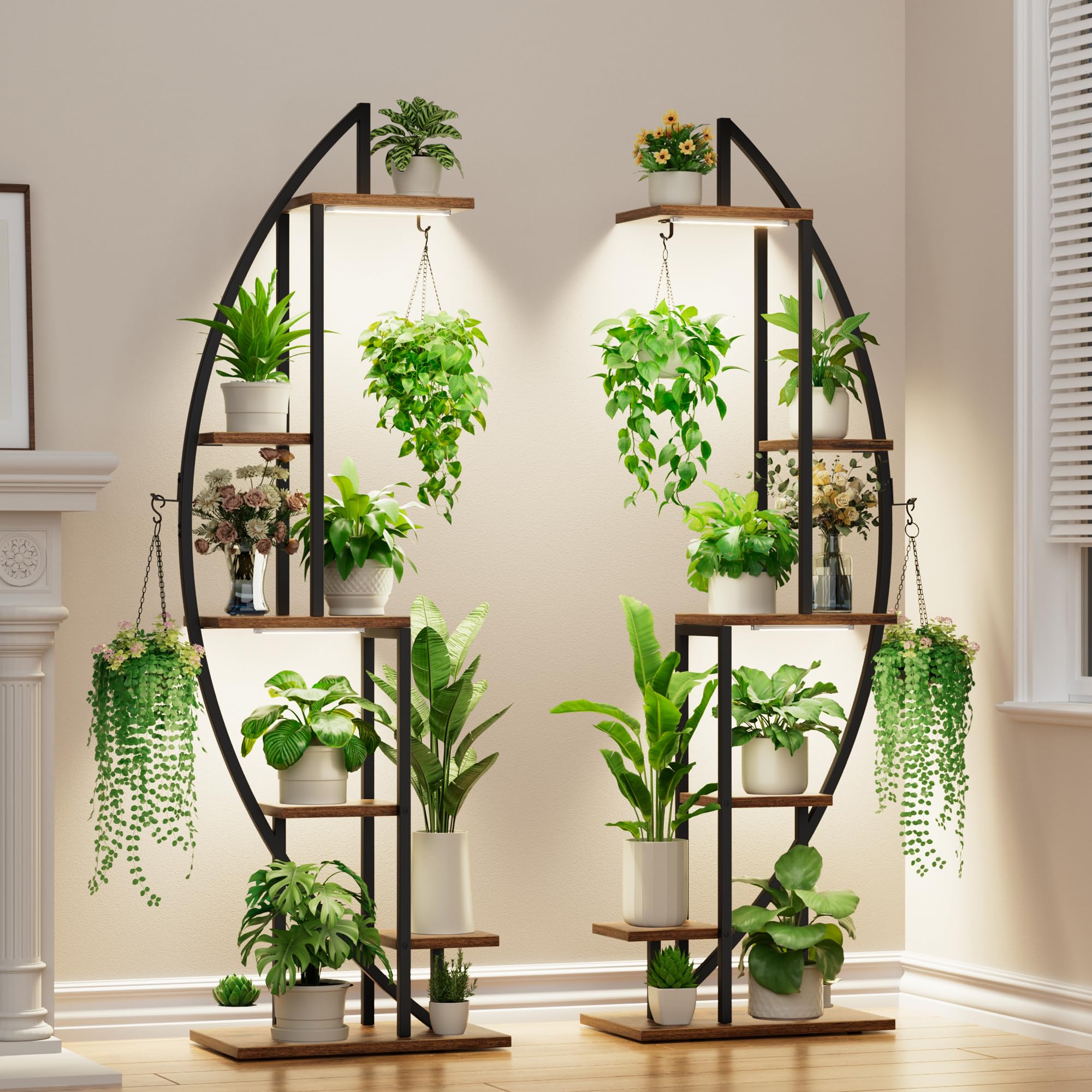 2 Pcs Half-Moon 6-Tier Tall Metal Plant Stand with Grow Lights for Indoor Plant Display