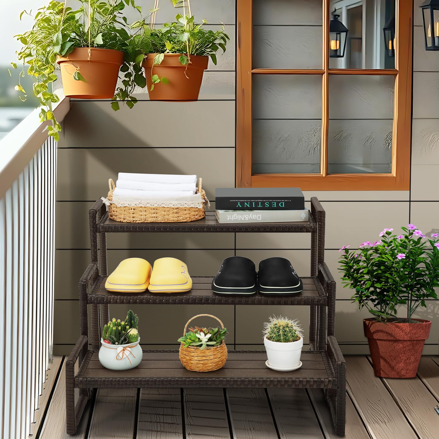 Outdoor Plant Stand 3 Tier Shelf for Patio Flower Pot Planter Stand Holder with Wicker Poly Lumber Shelves Multiple Tall Tiered Plant Display Rack with Adjustable Feet Heavy Duty Stackable Brown