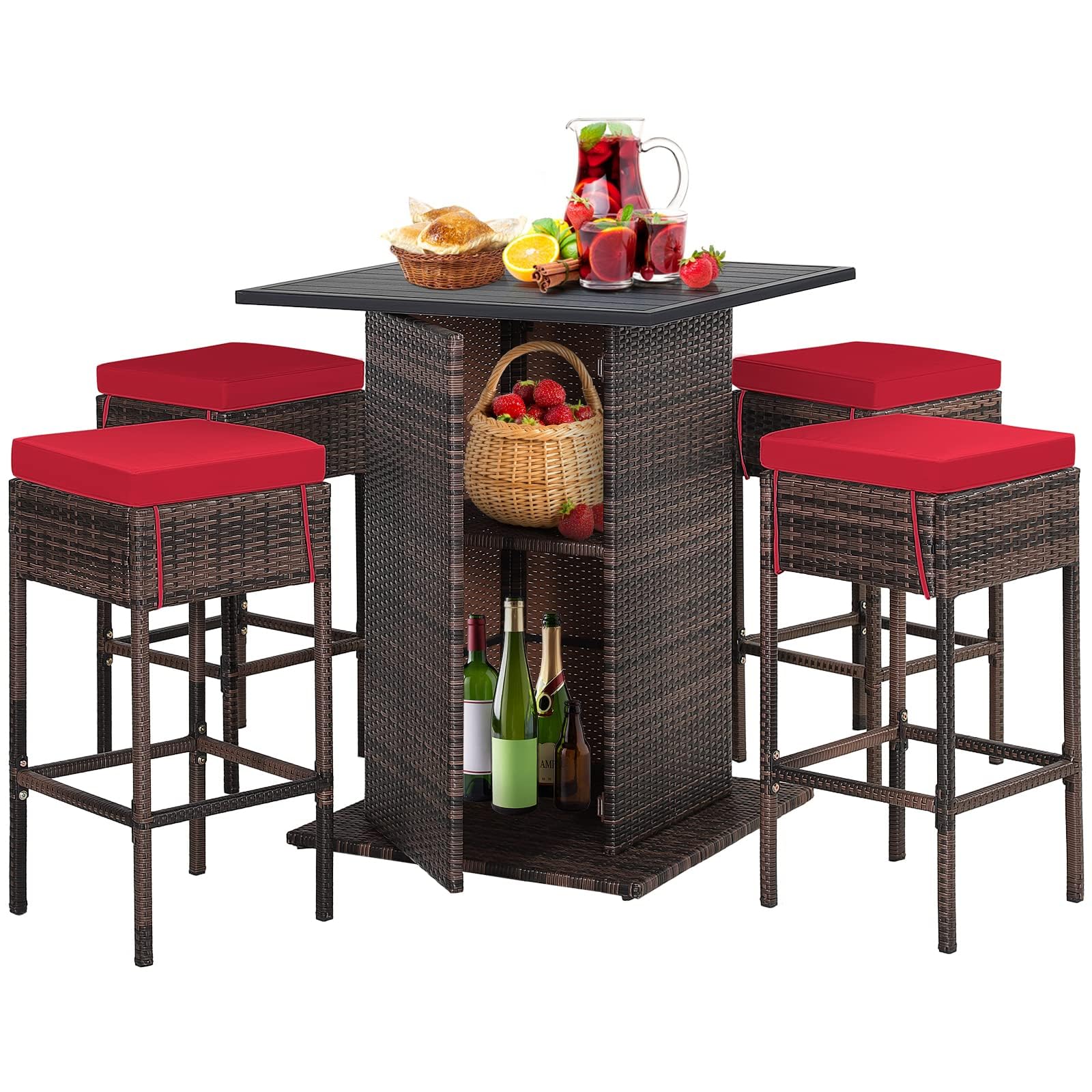 HAPPYGRILL 5 Pieces Rattan Bar Set, Outdoor Wicker Bar Table and 4 Bar Stools, Heavy-Duty Steel Frame, Patio Bar Furniture Set with Cushions, Black