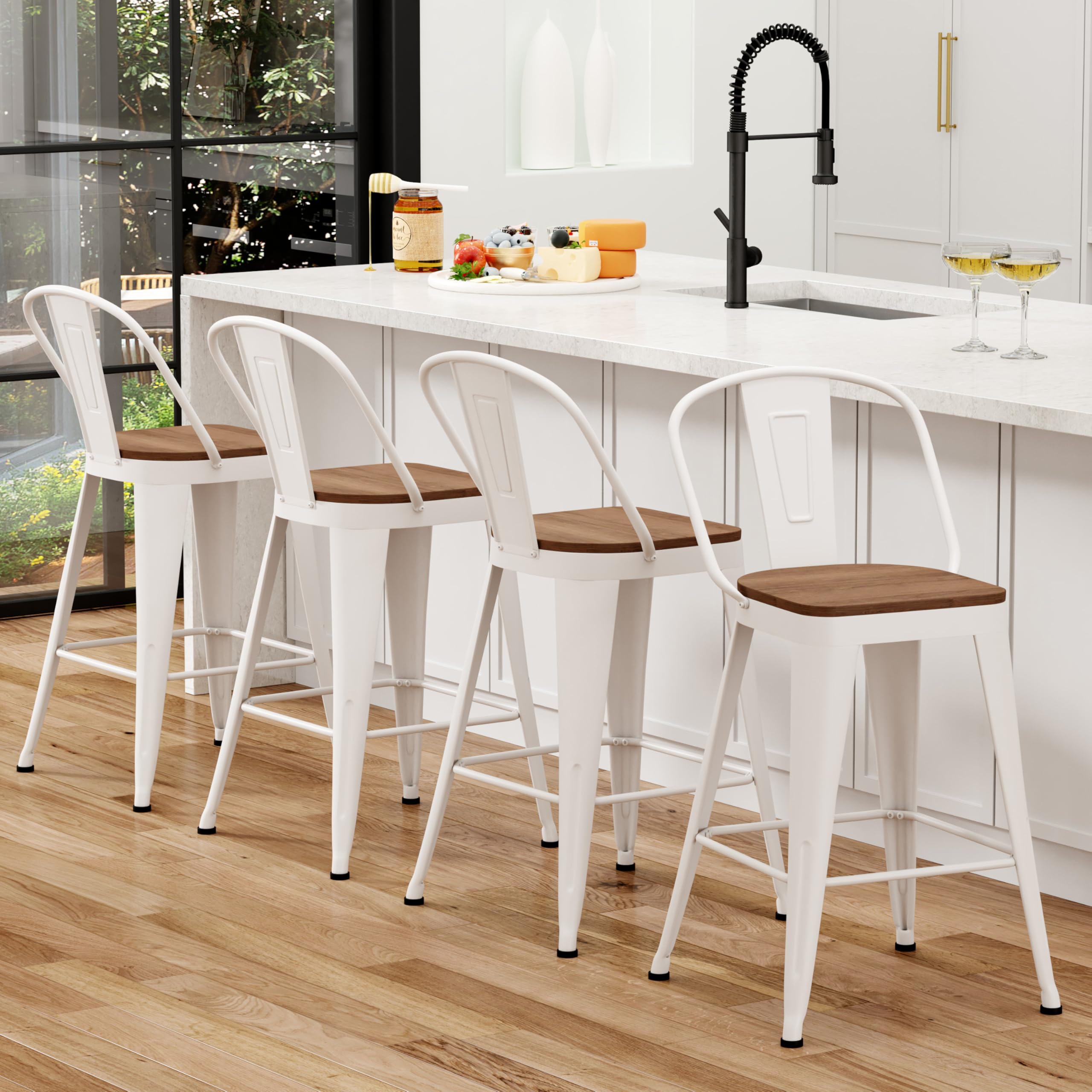 26 inch Bar Stools Set of 4, Black Metal High Back Counter Height Barstools with Large Wooden Seat Modern Farmhouse Kitchen Bar Chairs