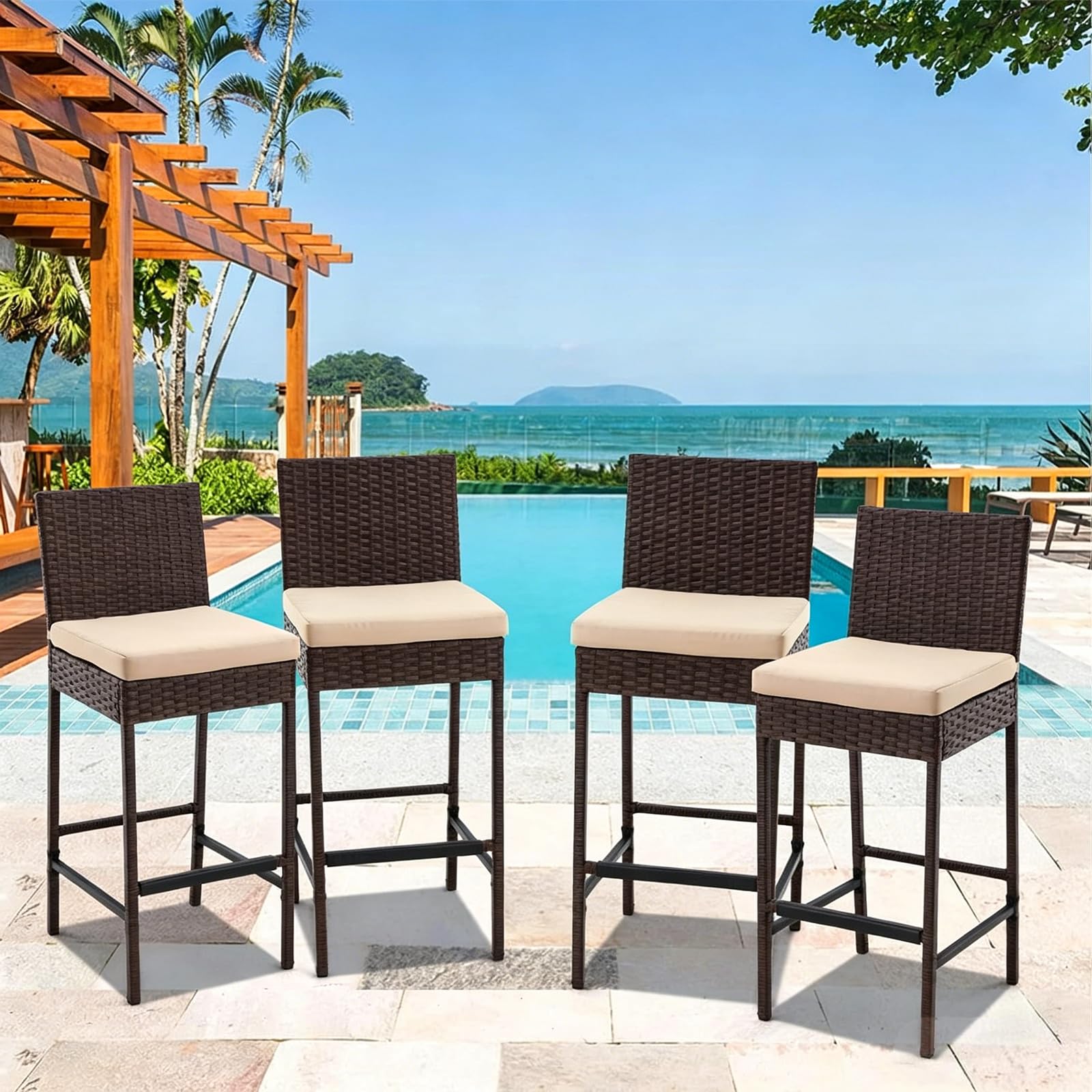 ECOTOUGE Rattan Bar Stools Set of 2, Outdoor Wicker Barstools Counter Height with Cushion for Lawn, Balcony, Garden, Black
