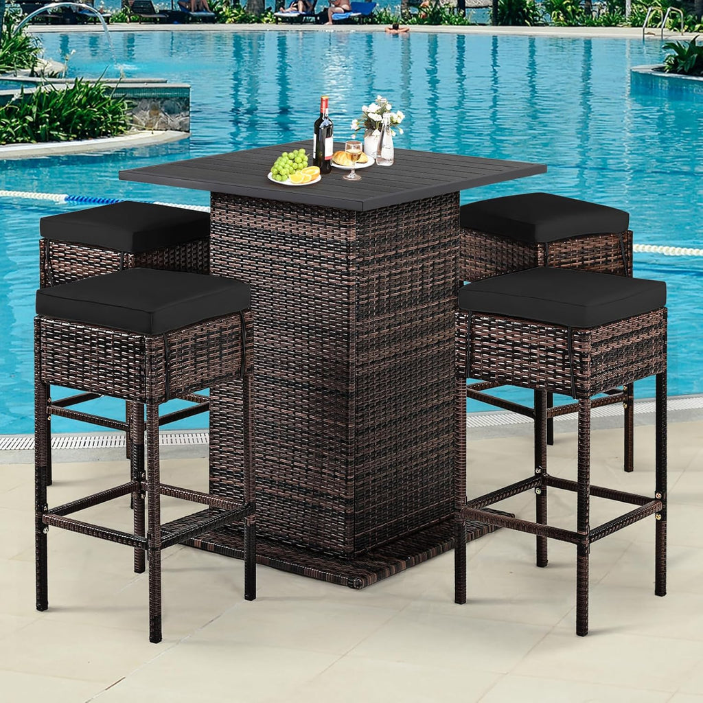HAPPYGRILL 5 Pieces Rattan Bar Set, Outdoor Wicker Bar Table and 4 Bar Stools, Heavy-Duty Steel Frame, Patio Bar Furniture Set with Cushions, Black