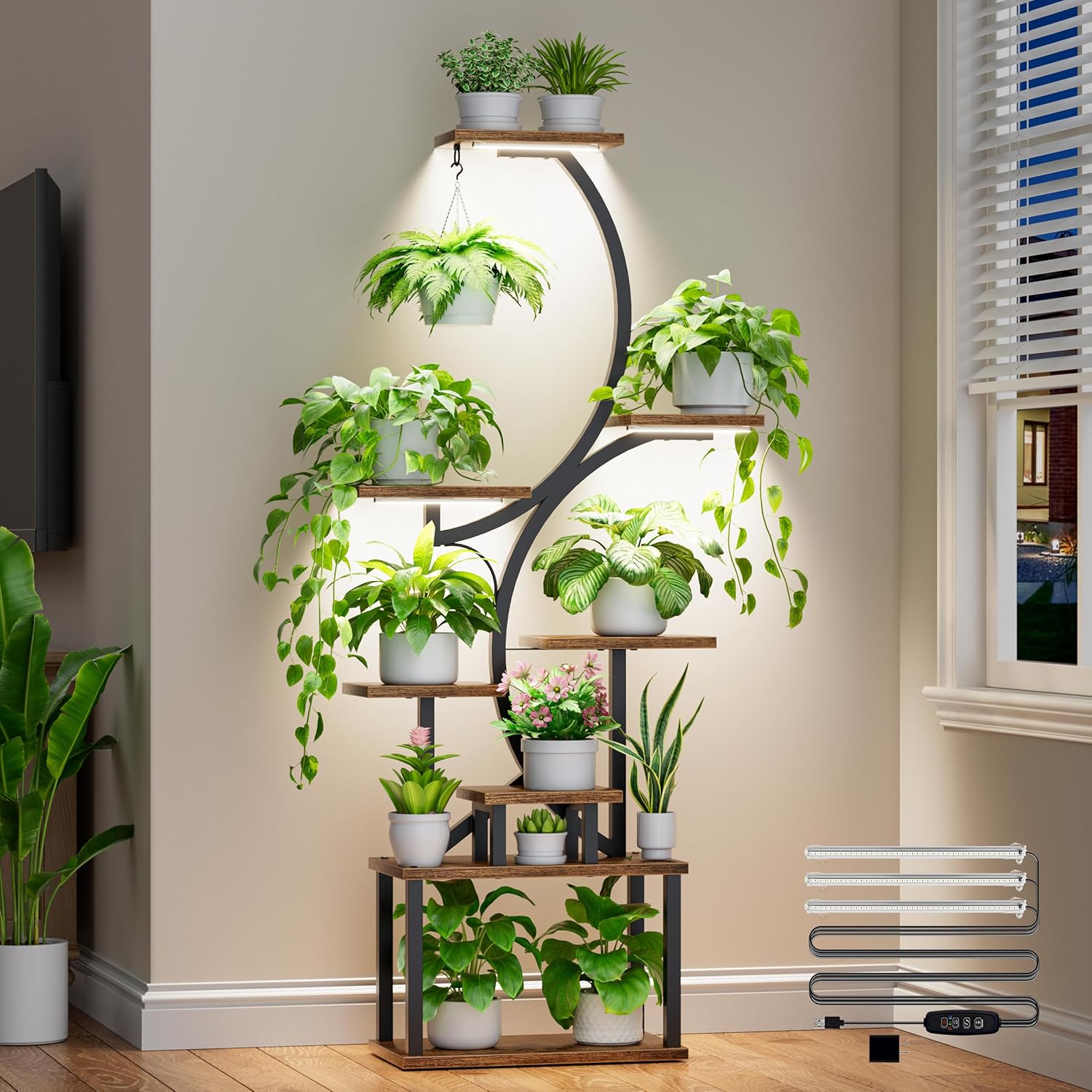 Plant Stand with Grow Lights for Indoor Plants, 8-Tiered Tall Corner Plant Shelf with Full Spectrum Light, S-Shaped Space-Saving Narrow Flower Holder, Anti-Tip for Living Room Bedroom Office, Brown