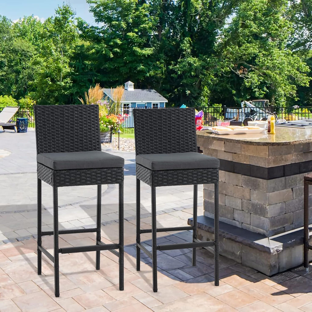 ECOTOUGE Rattan Bar Stools Set of 2, Outdoor Wicker Barstools Counter Height with Cushion for Lawn, Balcony, Garden, Black