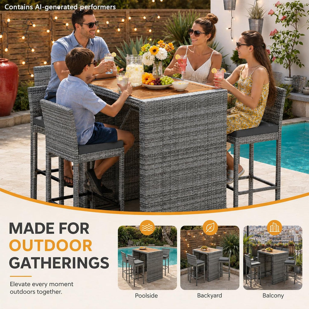 5 Piece Outdoor Bar Set with Acacia Wood Table Top, Gray Wicker Bar Height Table and Chairs with Cushions, Patio High Top Dining Set for 4, for Poolside Backyard Balcony