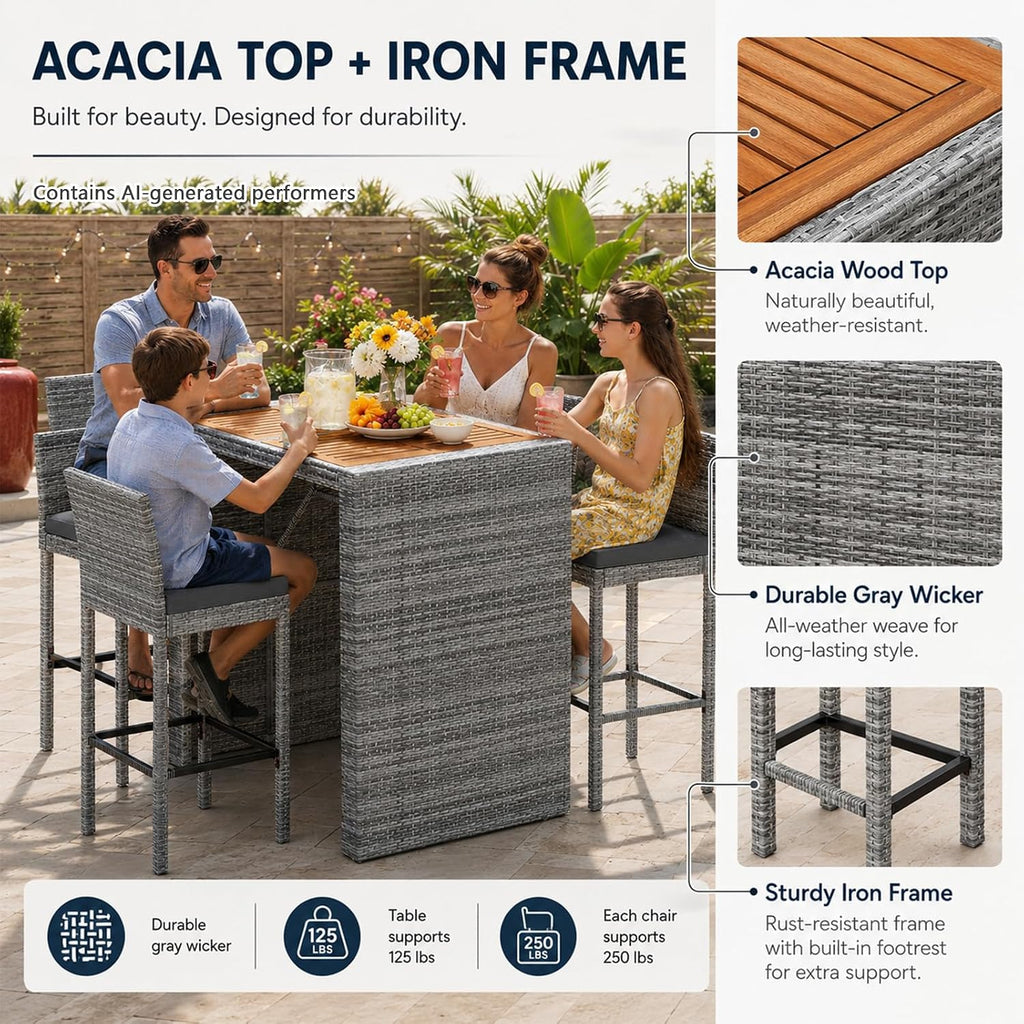 5 Piece Outdoor Bar Set with Acacia Wood Table Top, Gray Wicker Bar Height Table and Chairs with Cushions, Patio High Top Dining Set for 4, for Poolside Backyard Balcony