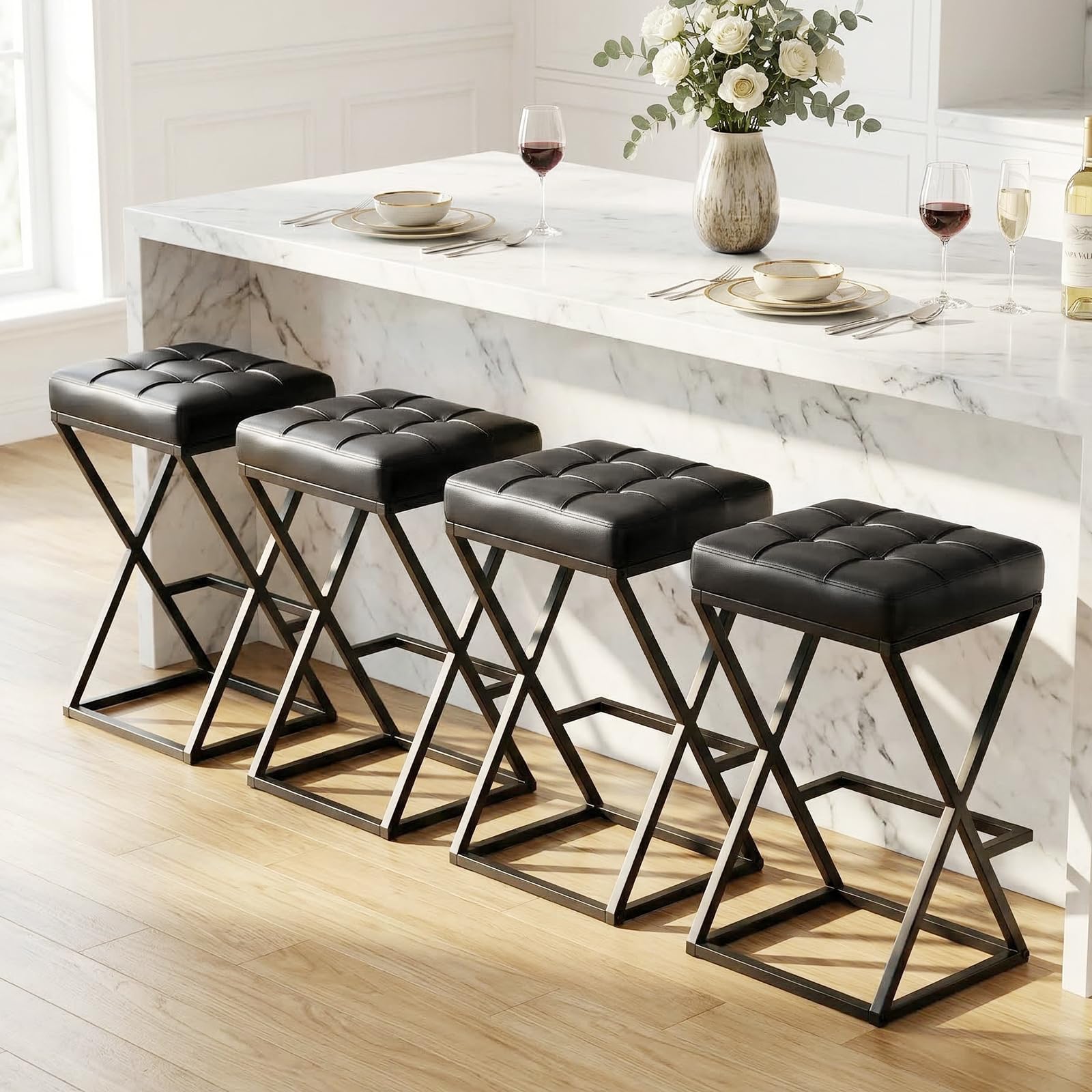 2 Pack Walnut Brown Faux Leather Backless Counter Stools with Metal X Frame Legs