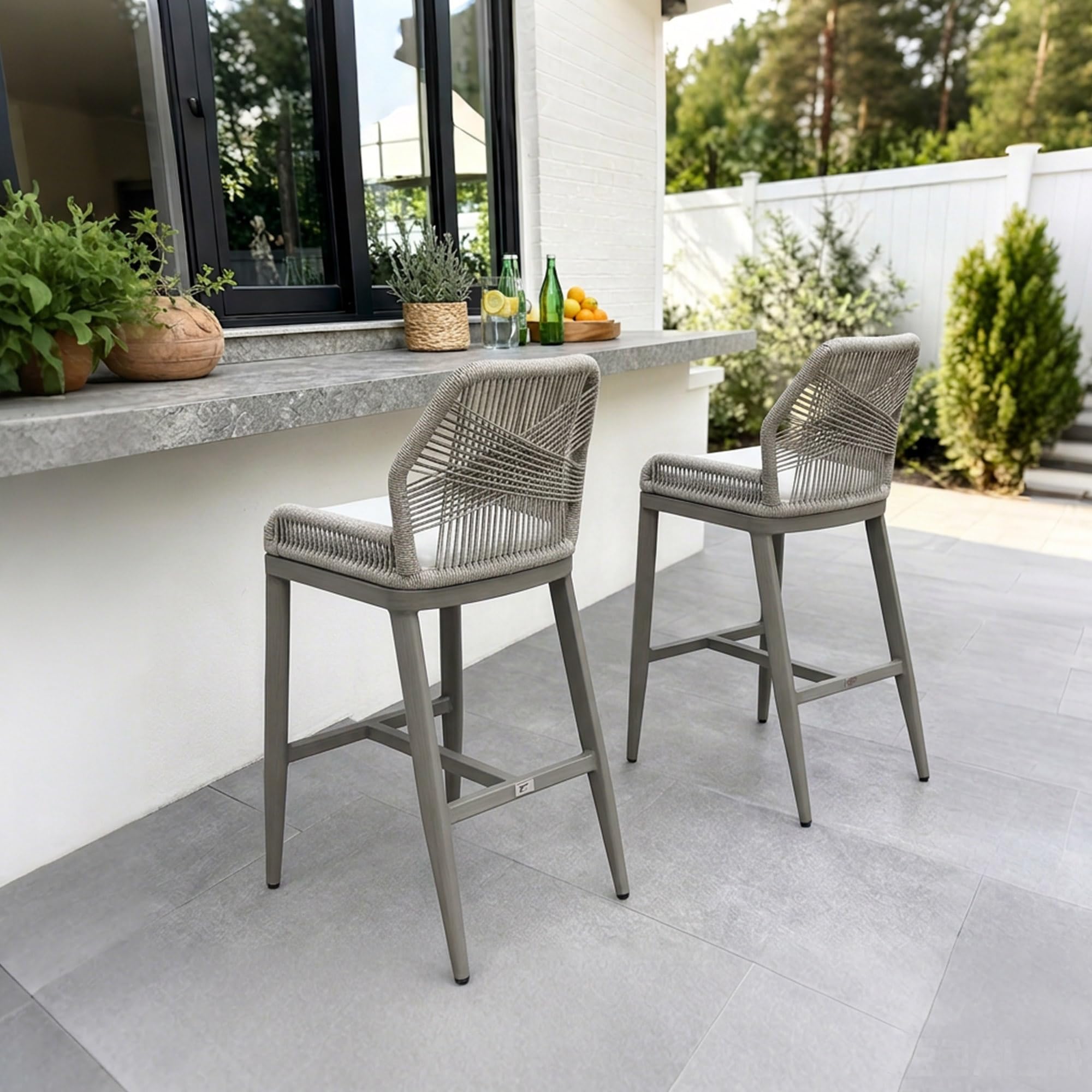 PURPLE LEAF Patio Counter Height Bar Stools 24" H Set of 2 Modern Rattan Bar Chairs Aluminum Stool Outdoor Wicker Barstools with Back and Cushion for Garden Kitchen Island