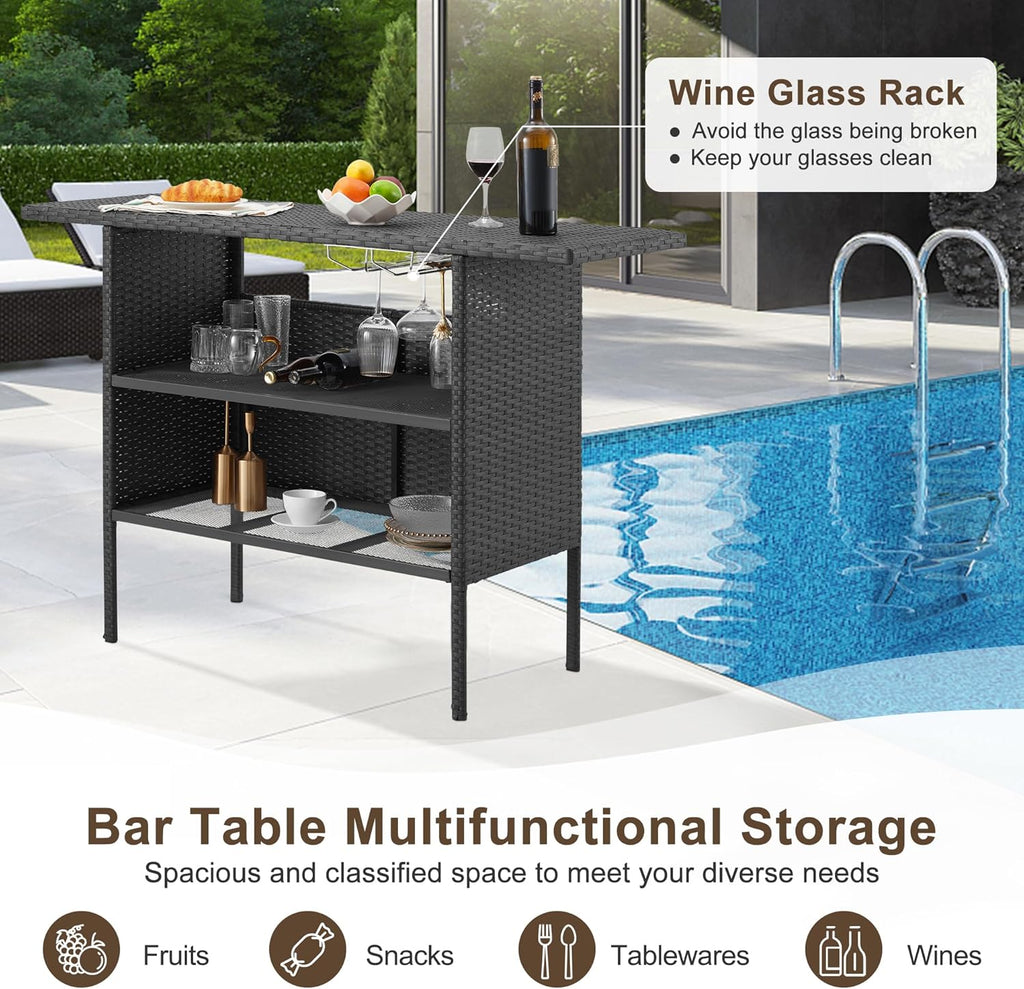 ECOTOUGE Bar Height Patio Set(Wicker Patio Stools & Smooth Top Table), Patio Bar Table and Chairs Set with Removable Cushion for Poolside (Black, 5 Set)