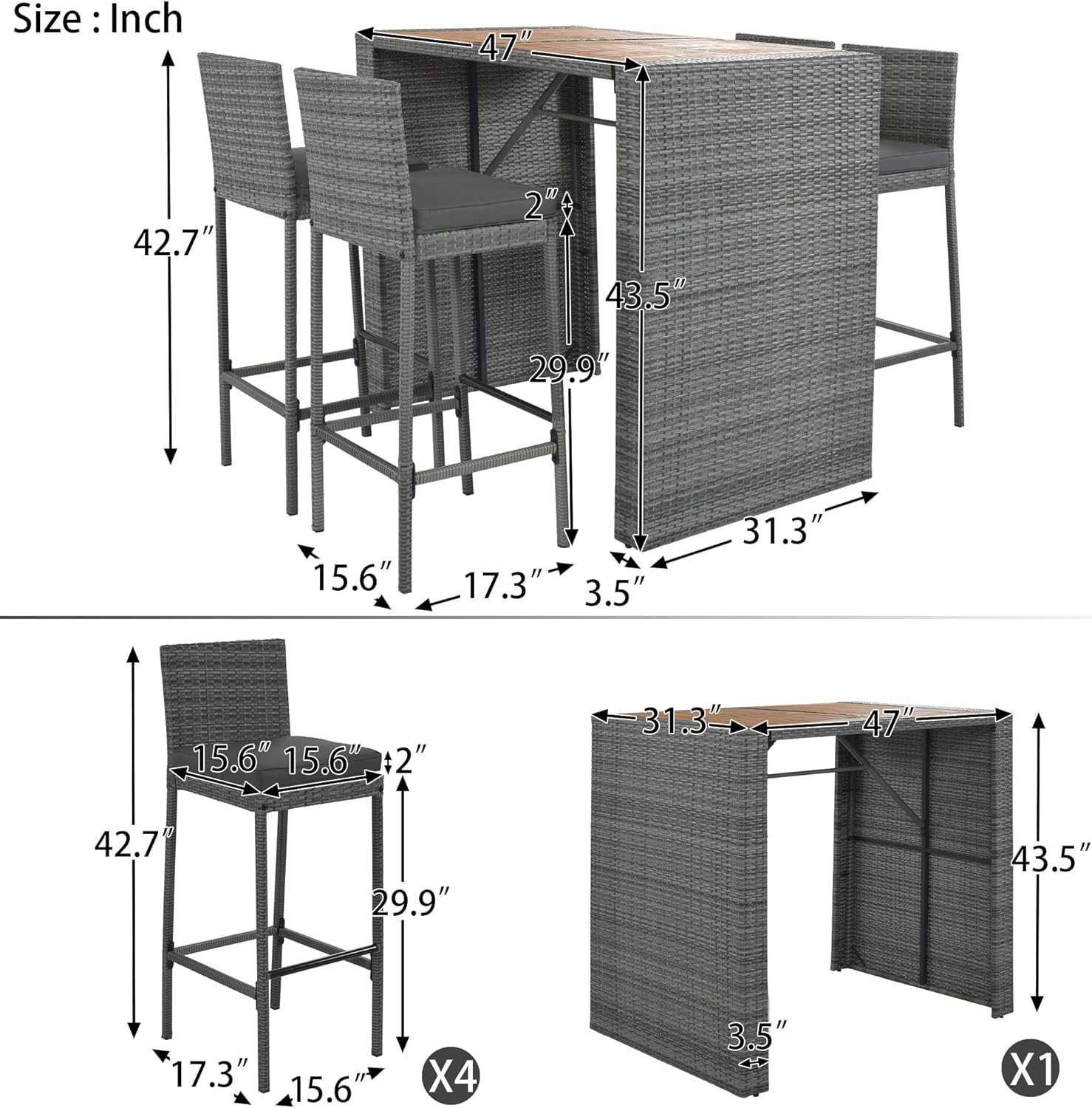 WILLIAMSPACE Patio Bar Table Set of 5, Outdoor Wicker Height Bar Table & 4 Chairs with Cushions & Wood Tabletop, Bistro Set for Backyards Porches (Brown+Grey)