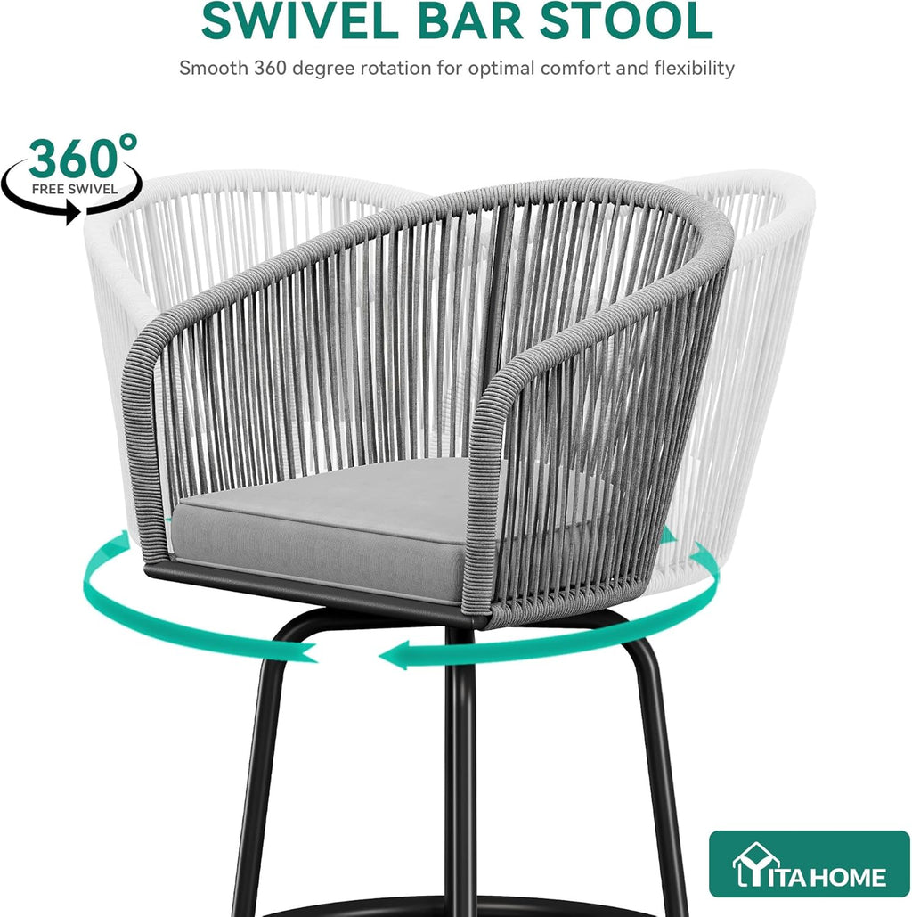 YITAHOME 27" Bar Stools Set of 2 with Arms & Cushions, 360° Swivel Outdoor Bar Stools, All Weather Counter Height Bar Stools Set of 2 with Curved Back for Backyard, Kitchen Island, Dining Room, Gray