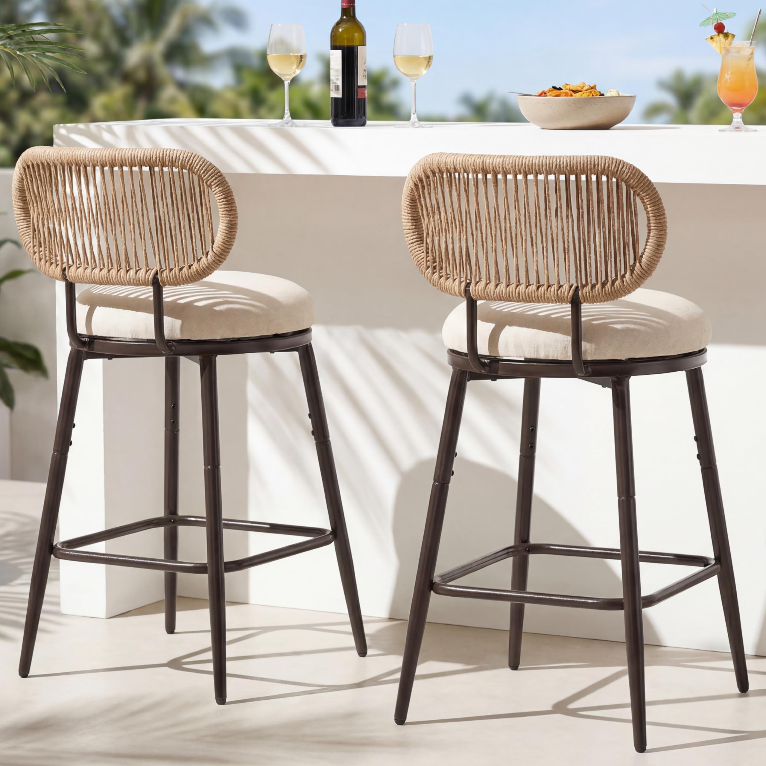 Outdoor Swivel Counter Bar Stools Set of 2, 360° Rope Counter Stools with Upholstered Seat, Metal Bar Chairs for Kitchen Island, Patio, Farmhouse, Boho, Beige
