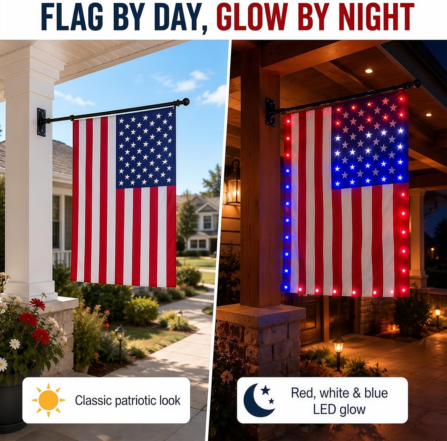 Lighted American Flag 3x5 FT, American Flag with Red White Blue LED Lights, Light Up Stars and Stripes Flag for Porch Wall Yard Patio, Patriotic Outdoor Decor for July 4th Memorial Day Veterans Day (Flag)