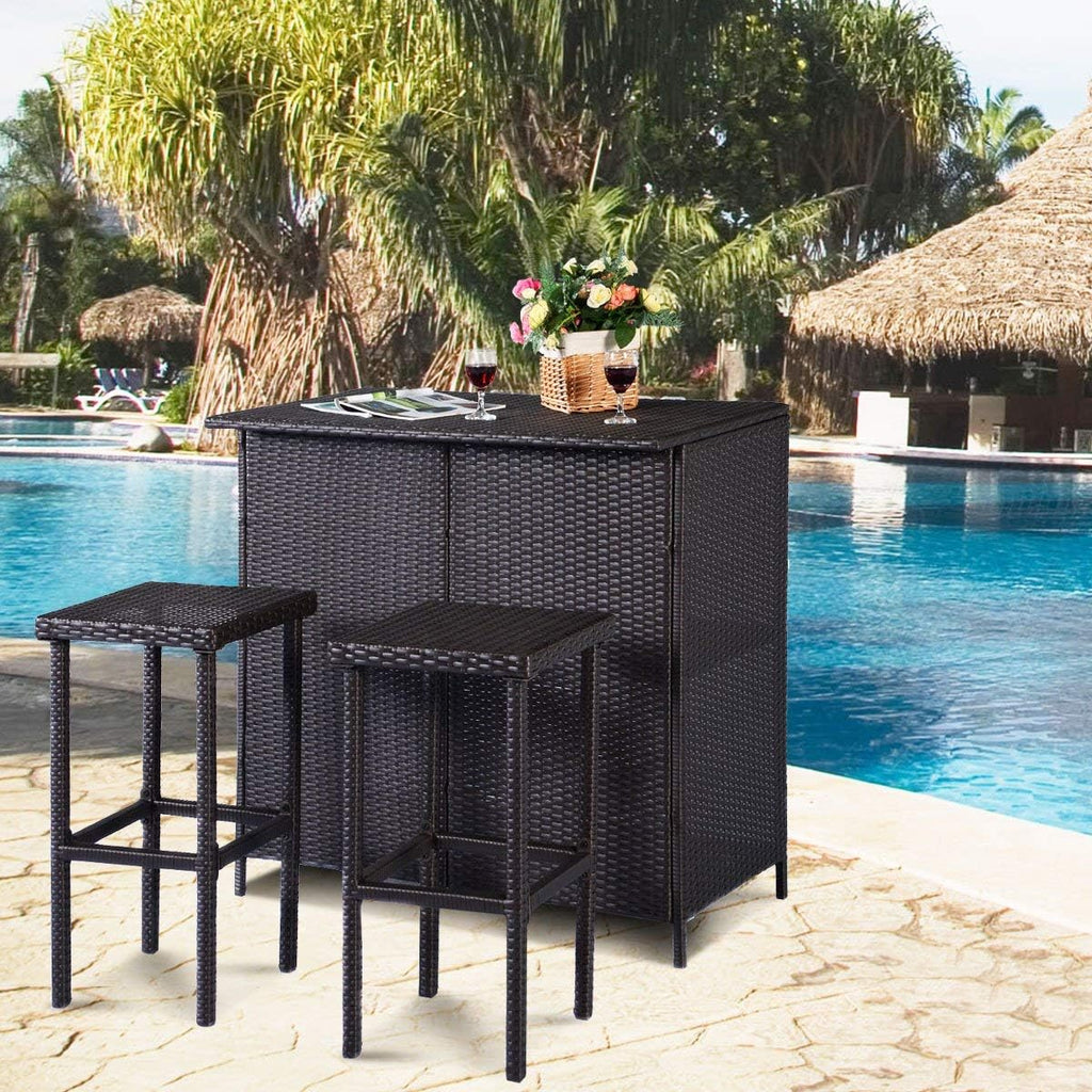 ReunionG Outdoor Bar Rattan Set 3-Piece Wicker Bar Stools & Table with 2 Storage Shelves for Lawn Pool Backyard Garden