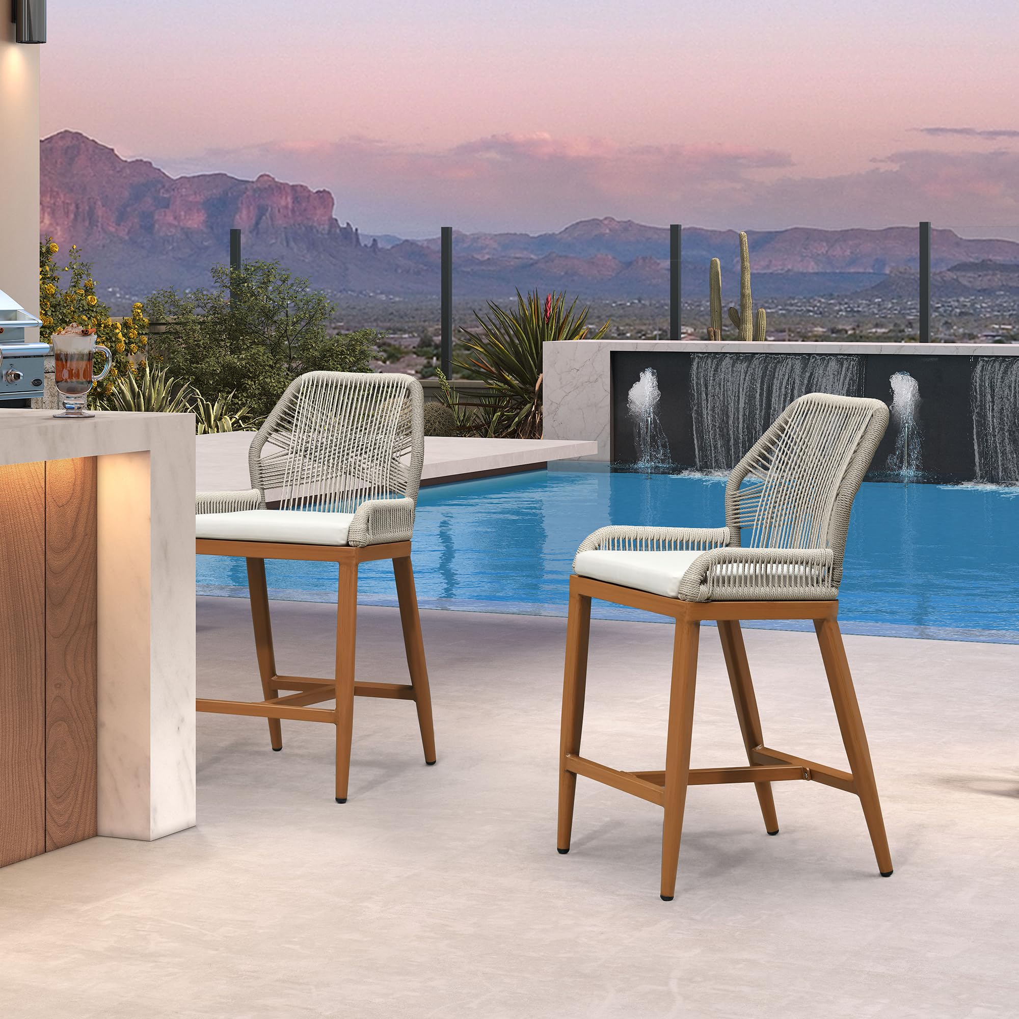 PURPLE LEAF Patio Counter Height Bar Stools 24" H Set of 2 Modern Rattan Bar Chairs Aluminum Stool Outdoor Wicker Barstools with Back and Cushion for Garden Kitchen Island