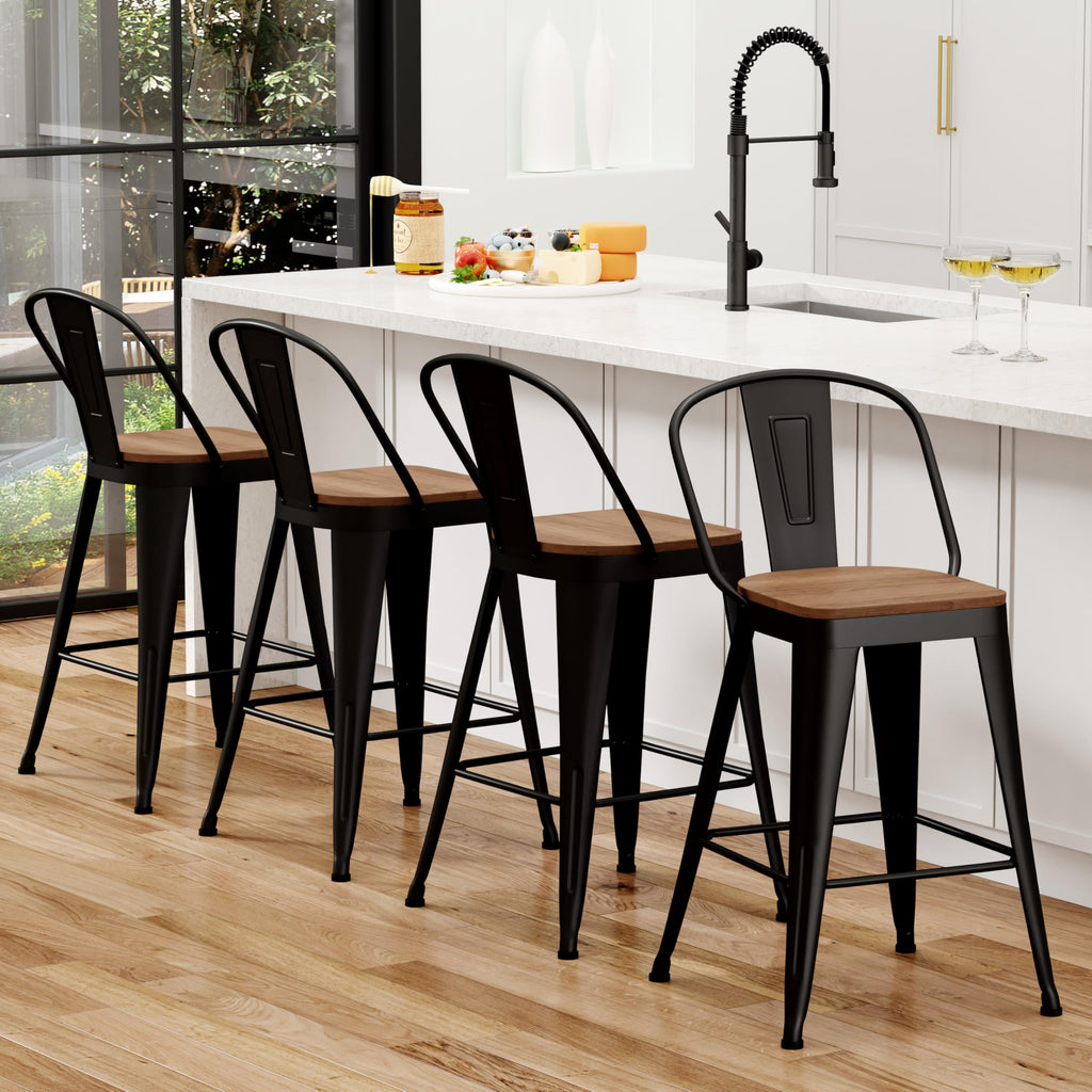26 inch Bar Stools Set of 4, Black Metal High Back Counter Height Barstools with Large Wooden Seat Modern Farmhouse Kitchen Bar Chairs