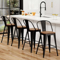 26 inch Bar Stools Set of 4, Black Metal High Back Counter Height Barstools with Large Wooden Seat Modern Farmhouse Kitchen Bar Chairs