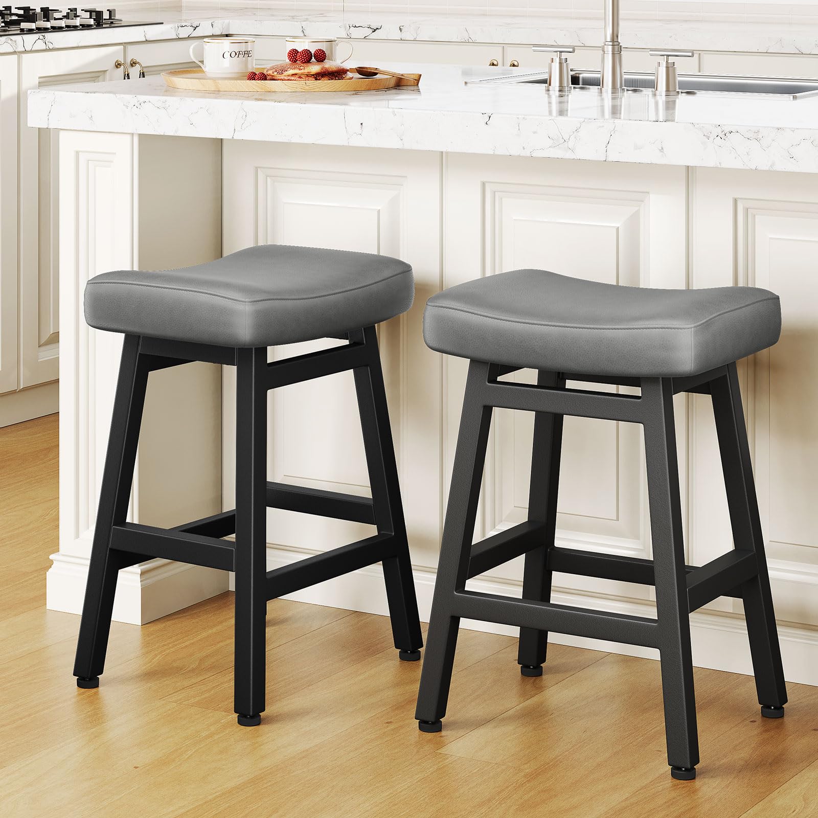 Raynesys Counter Height Bar Stools Set of 2, 24 Inch Barstools for Kitchen Counter, Kitchen Stools with Bonded Leather Saddle Seats & Heavy Duty Metal Legs, Easy Assembly, All Black