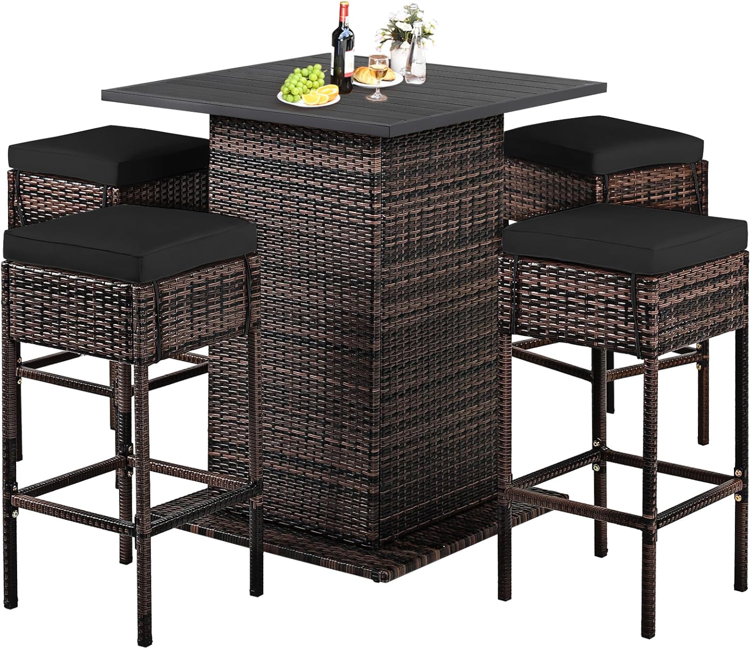 HAPPYGRILL 5 Pieces Rattan Bar Set, Outdoor Wicker Bar Table and 4 Bar Stools, Heavy-Duty Steel Frame, Patio Bar Furniture Set with Cushions, Black