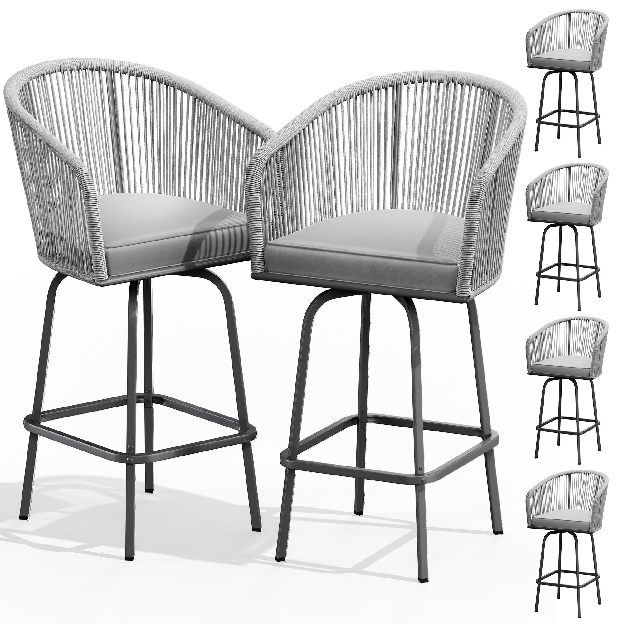 YITAHOME Counter Height Bar Stools Set of 2, Outdoor Bar Stools with Soft Cushions, Patio Rattan Swivel Bar Chairs for Backyard Poolside, Garden w /360 Rotation (Beige)