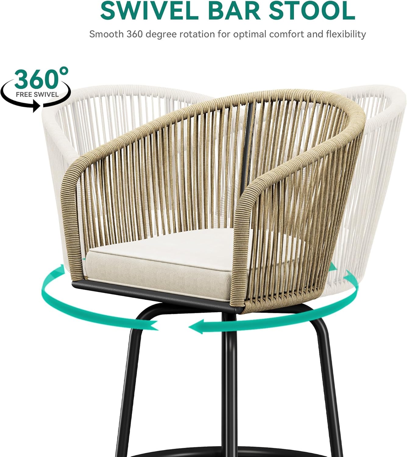 YITAHOME Counter Height Bar Stools Set of 2, Outdoor Bar Stools with Soft Cushions, Patio Rattan Swivel Bar Chairs for Backyard Poolside, Garden w /360 Rotation (Beige)
