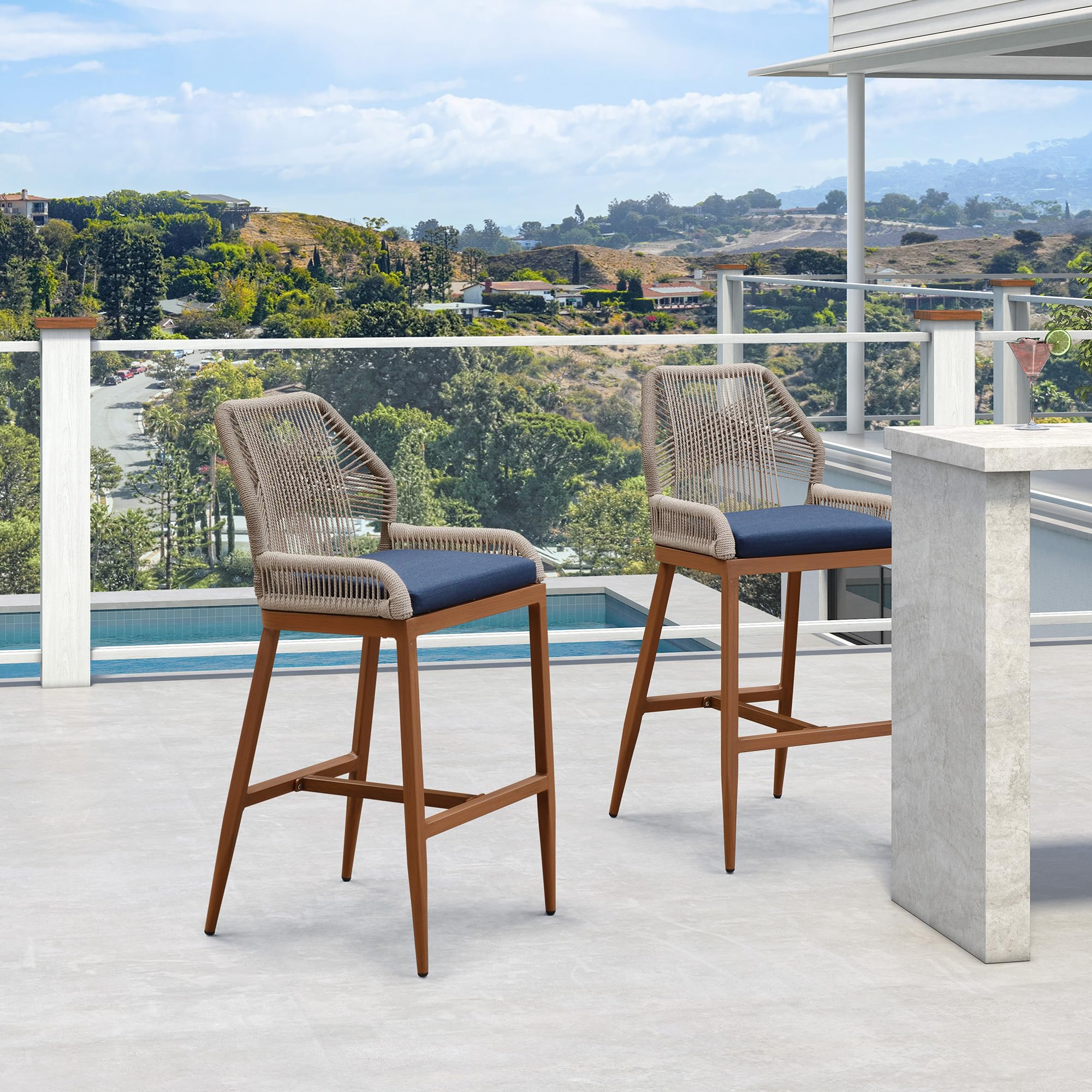 PURPLE LEAF Patio Counter Height Bar Stools 24" H Set of 2 Modern Rattan Bar Chairs Aluminum Stool Outdoor Wicker Barstools with Back and Cushion for Garden Kitchen Island