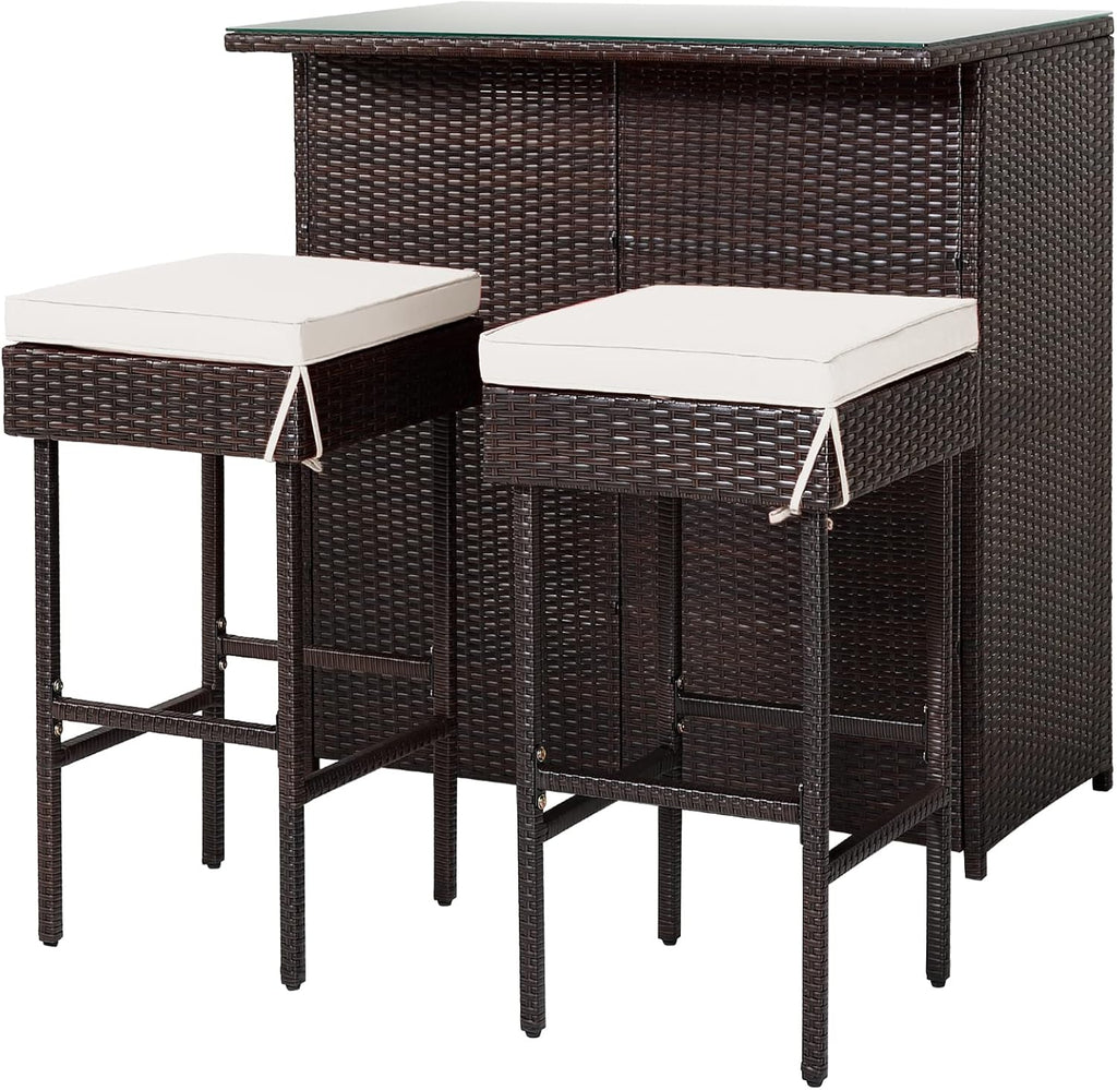 DORTALA 3 Pieces Rattan Patio Bar Table & Stool Set, Patio Furniture Set for Lawn Pool Backyard Front Porch, Dining Set w/Cushion, Beige