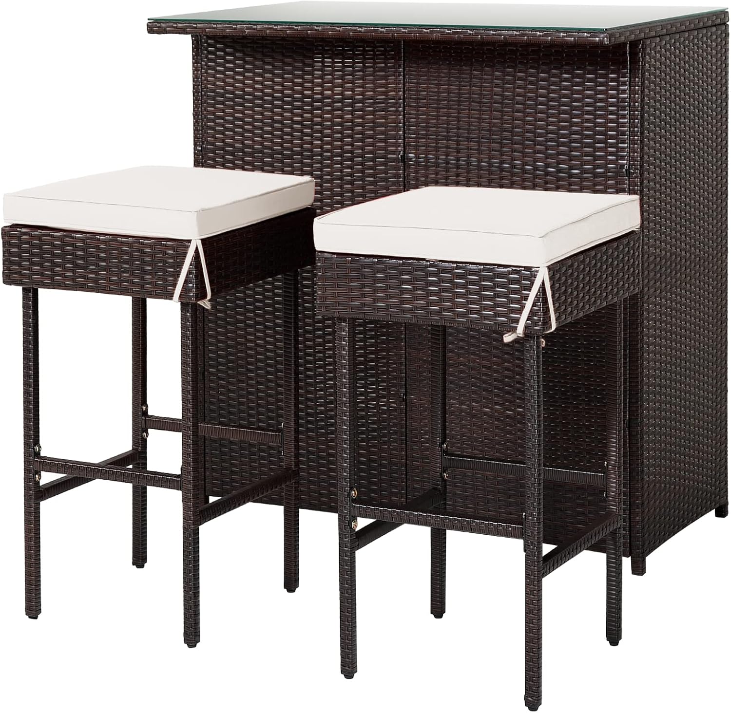 DORTALA 3 Pieces Rattan Patio Bar Table & Stool Set, Patio Furniture Set for Lawn Pool Backyard Front Porch, Dining Set w/Cushion, Beige