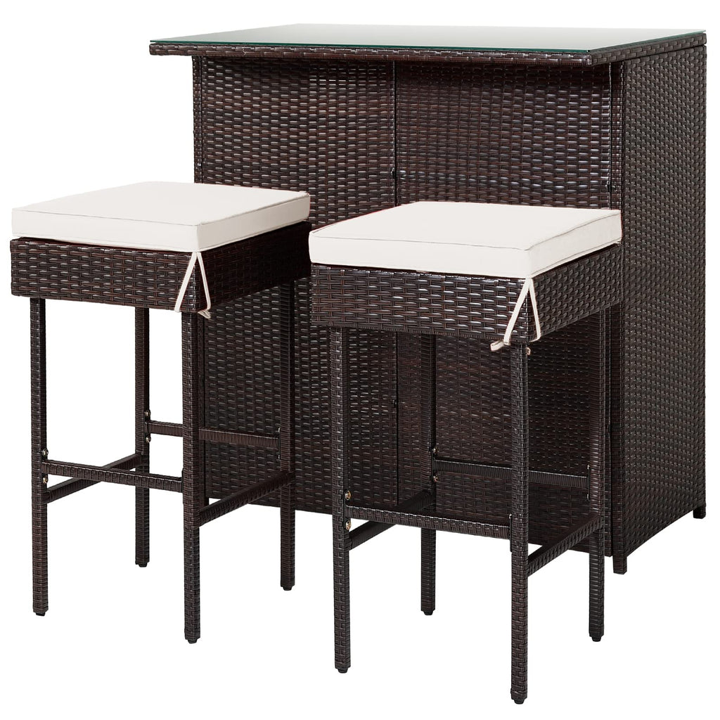 DORTALA 3 Pieces Rattan Patio Bar Table & Stool Set, Patio Furniture Set for Lawn Pool Backyard Front Porch, Dining Set w/Cushion, Beige