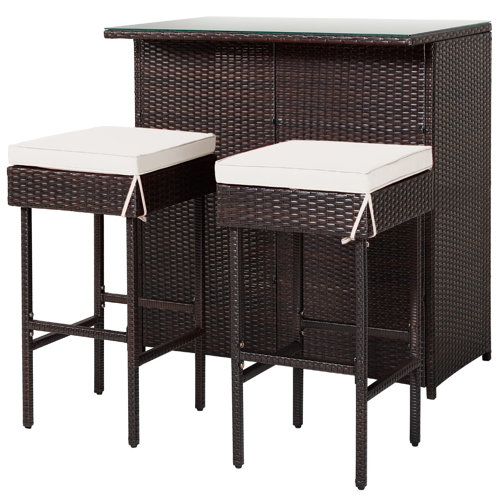 DORTALA 3 Pieces Rattan Patio Bar Table & Stool Set, Patio Furniture Set for Lawn Pool Backyard Front Porch, Dining Set w/Cushion, Beige