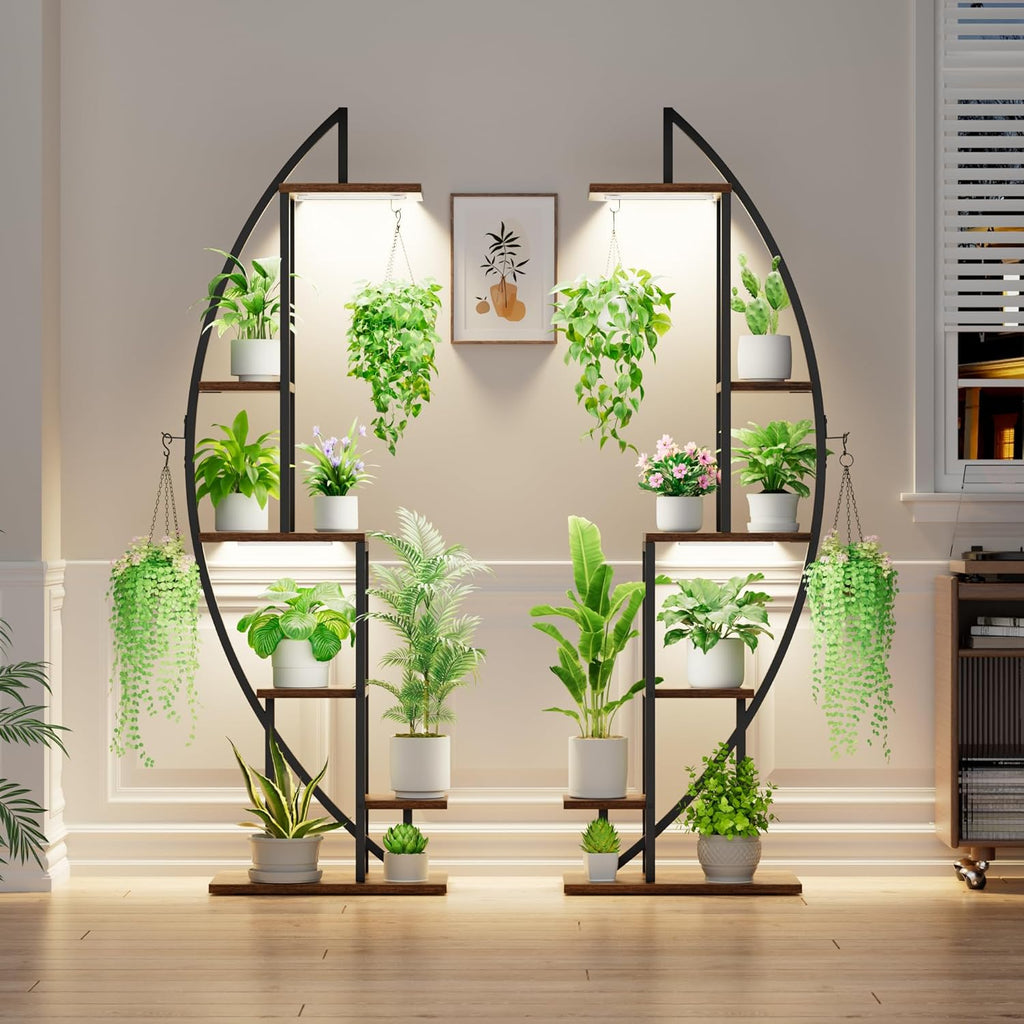 2 Pcs Half-Moon 6-Tier Tall Metal Plant Stand with Grow Lights for Indoor Plant Display