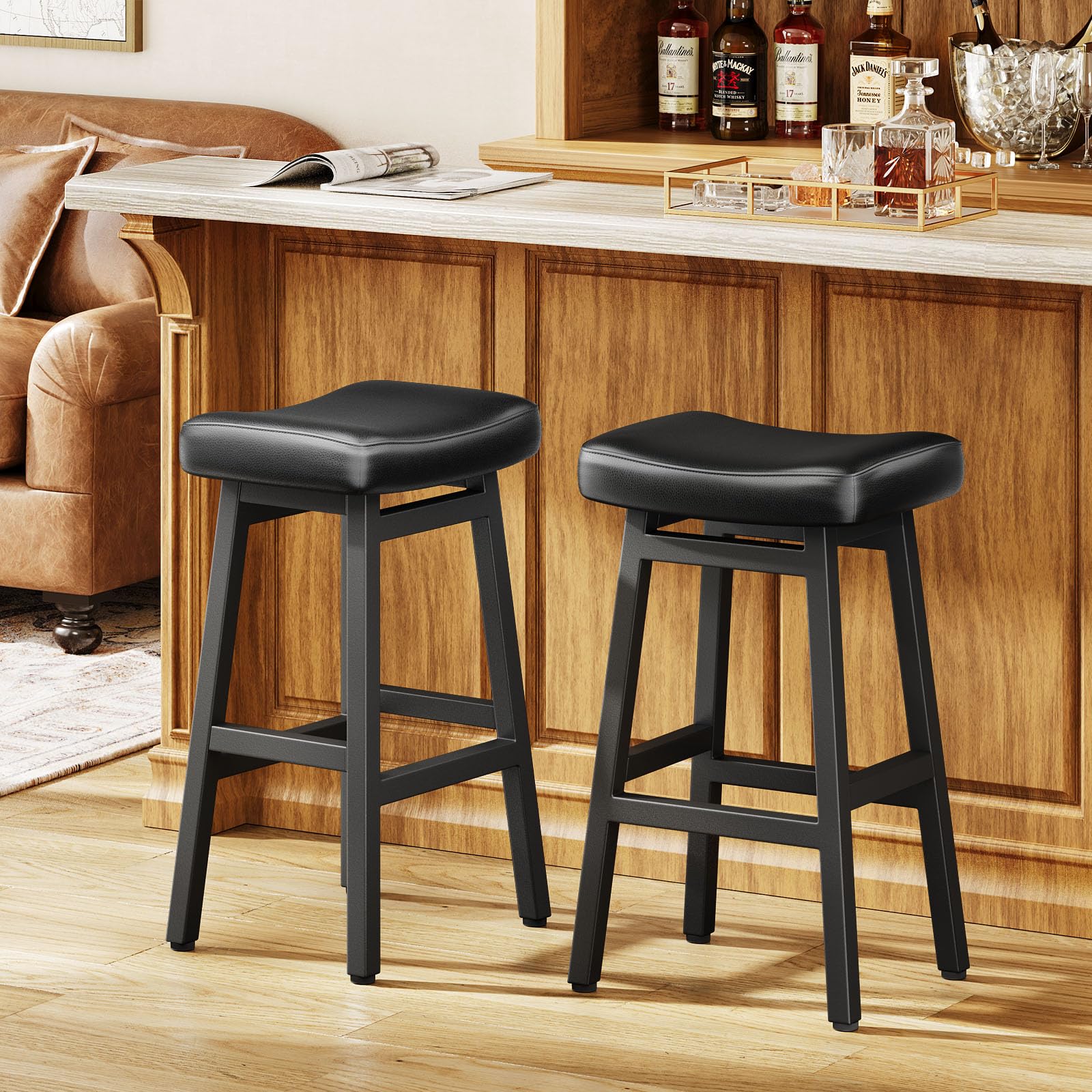 Raynesys Counter Height Bar Stools Set of 2, 24 Inch Barstools for Kitchen Counter, Kitchen Stools with Bonded Leather Saddle Seats & Heavy Duty Metal Legs, Easy Assembly, All Black