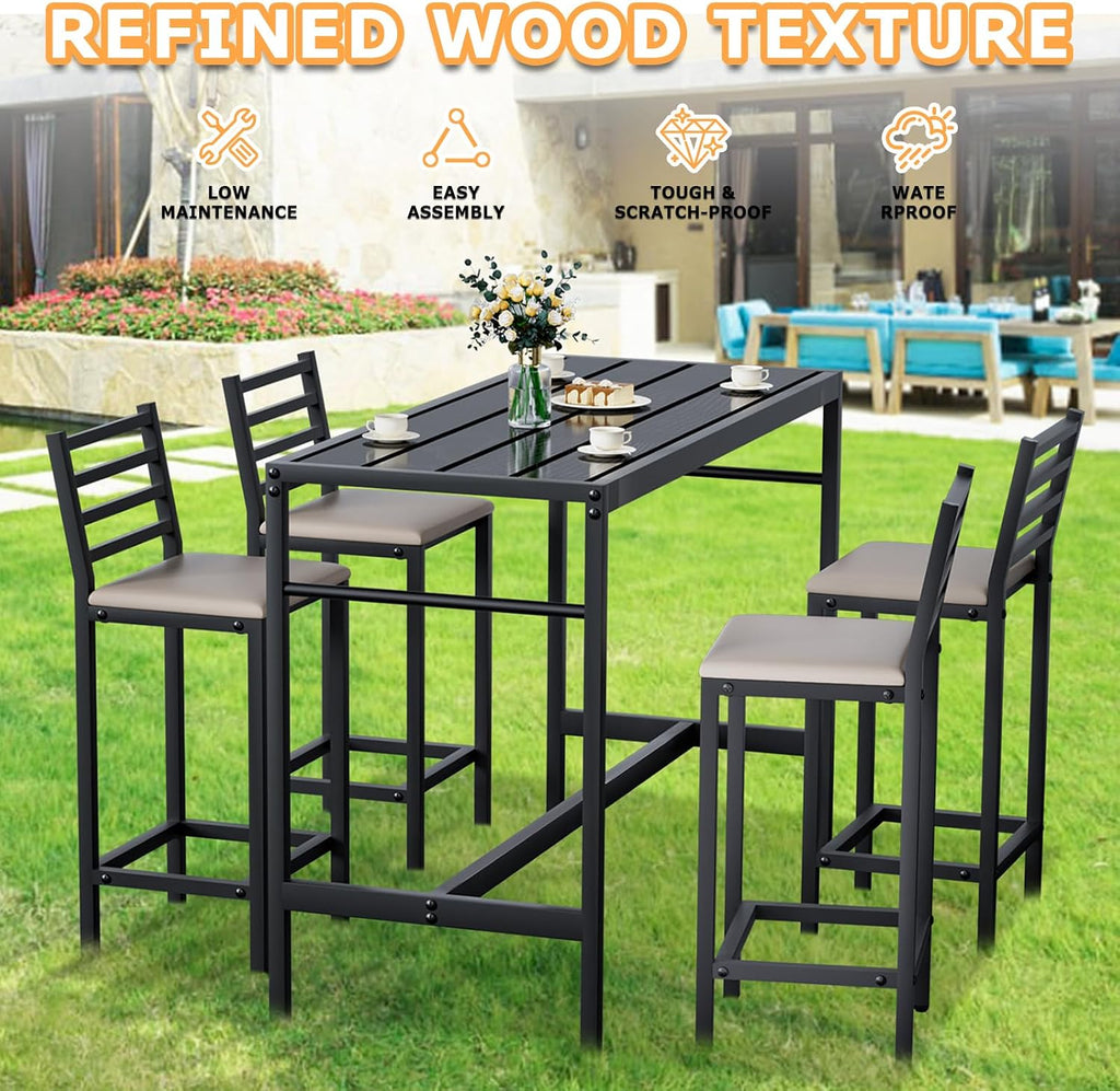5 Piece Outdoor Bar Table & Chairs Set, 50" Rectangular Height Dining Table Set with 4 Bar Chairs Soft Seat with Backrest, High Metal Breakfast Table, High Top Table & Chairs for Kitchen, Restaurant
