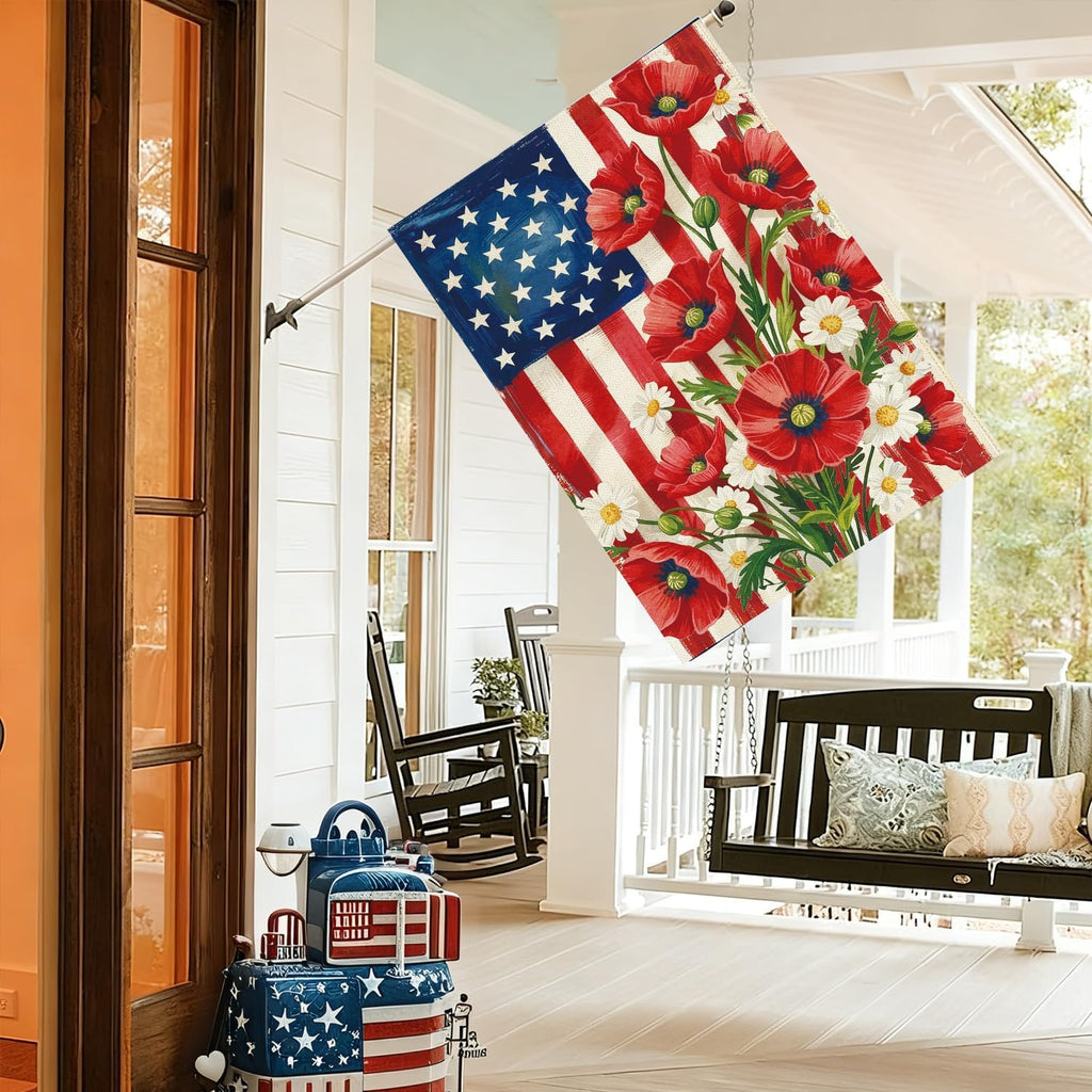 Baccessor 4th of July American House Flag 28x40 Inch Double Sided Burlap,Patriotic Memorial Day the Stars and Stripes Floral Flowers Summer Porch Holiday Seasonal Outdoor Outside Decoration