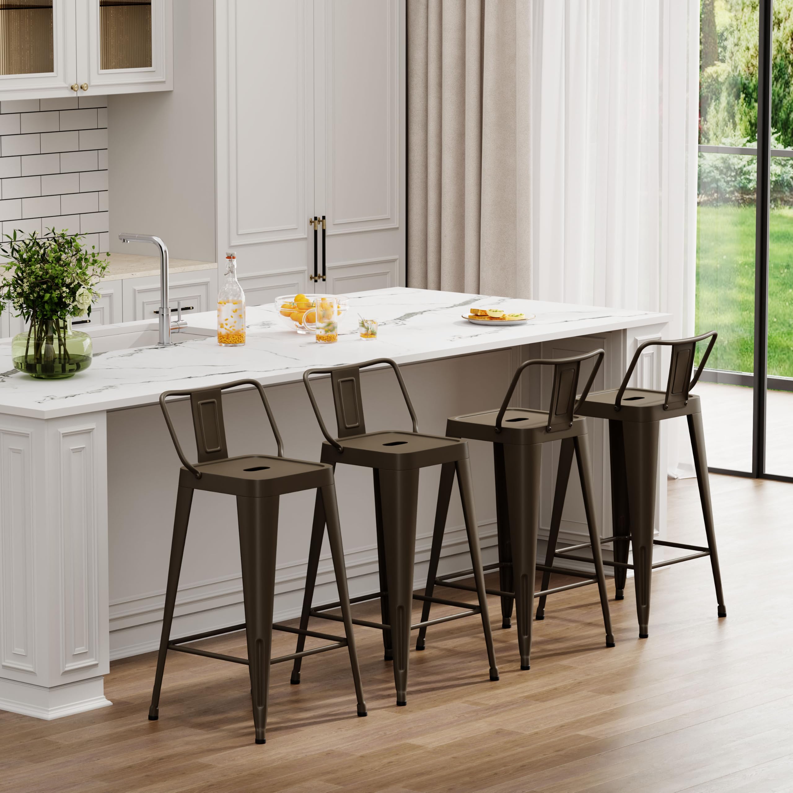 Metal Bar Stools Set of 4 Barstools Indoor/Outdoor Counter Height Bar Stools Bar Chairs with Back 24" Counter Height for Kitchen Island Dining Room (Black, 24inch)