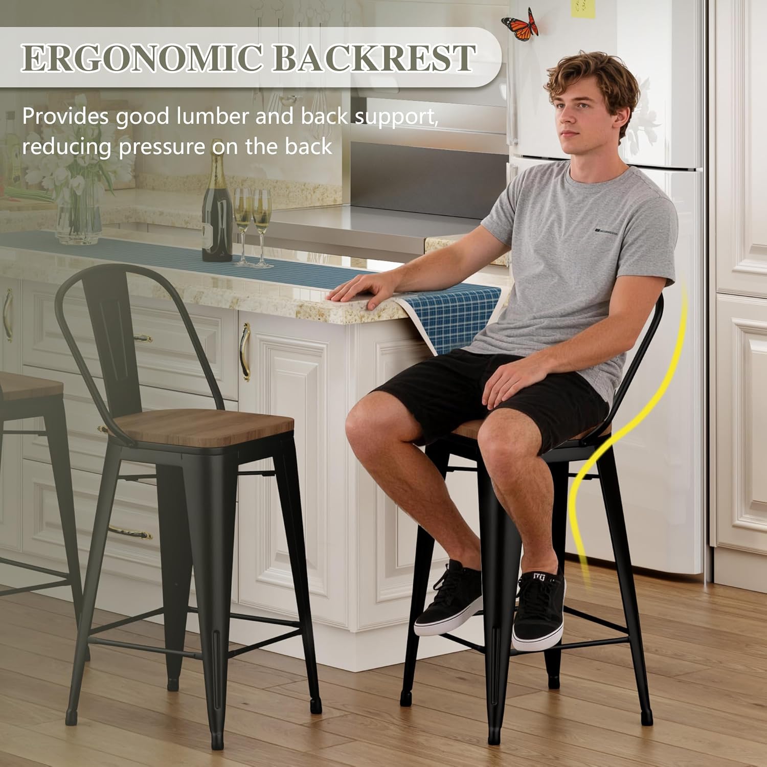 26 inch Bar Stools Set of 4, Black Metal High Back Counter Height Barstools with Large Wooden Seat Modern Farmhouse Kitchen Bar Chairs