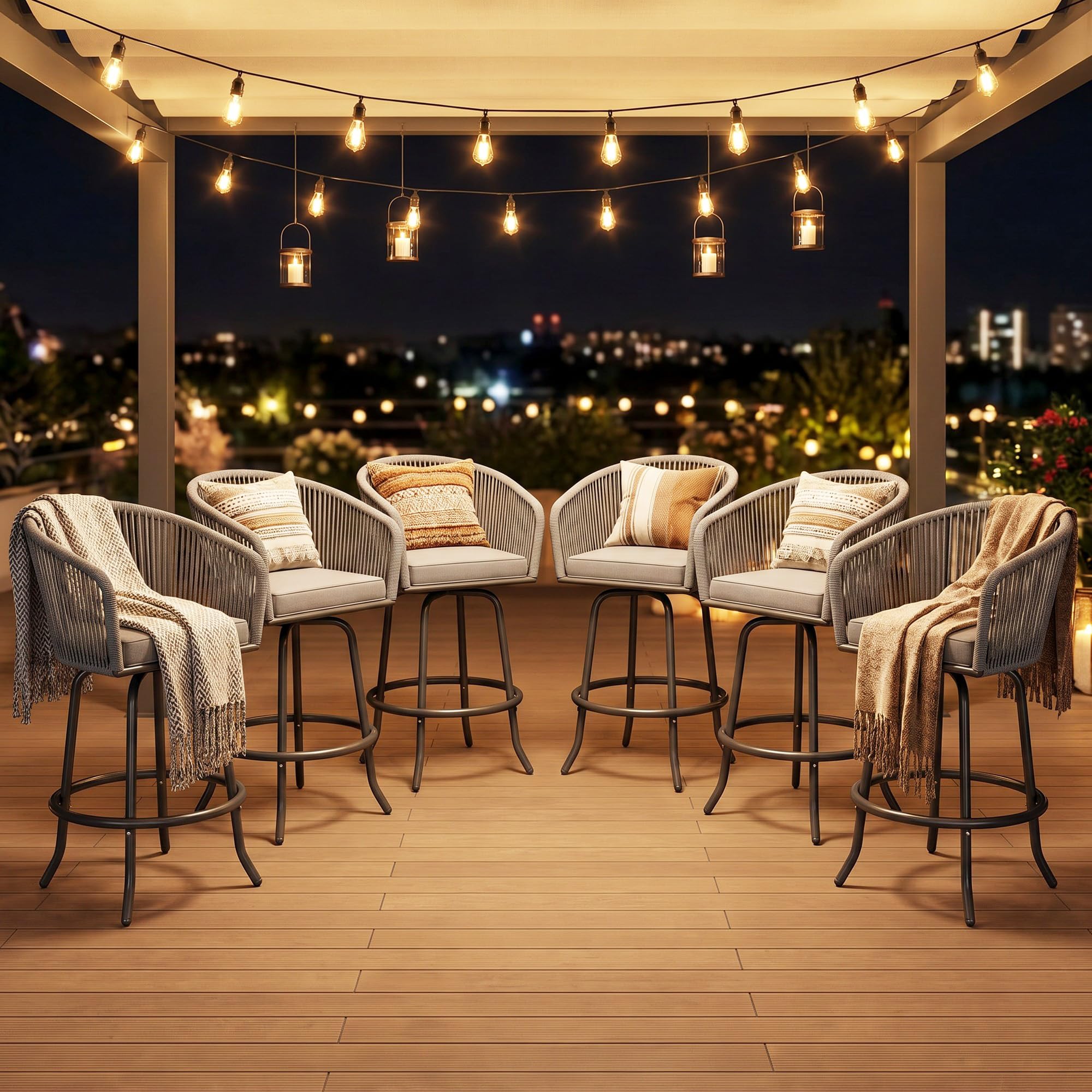 YITAHOME 27" Bar Stools Set of 2 with Arms & Cushions, 360° Swivel Outdoor Bar Stools, All Weather Counter Height Bar Stools Set of 2 with Curved Back for Backyard, Kitchen Island, Dining Room, Gray