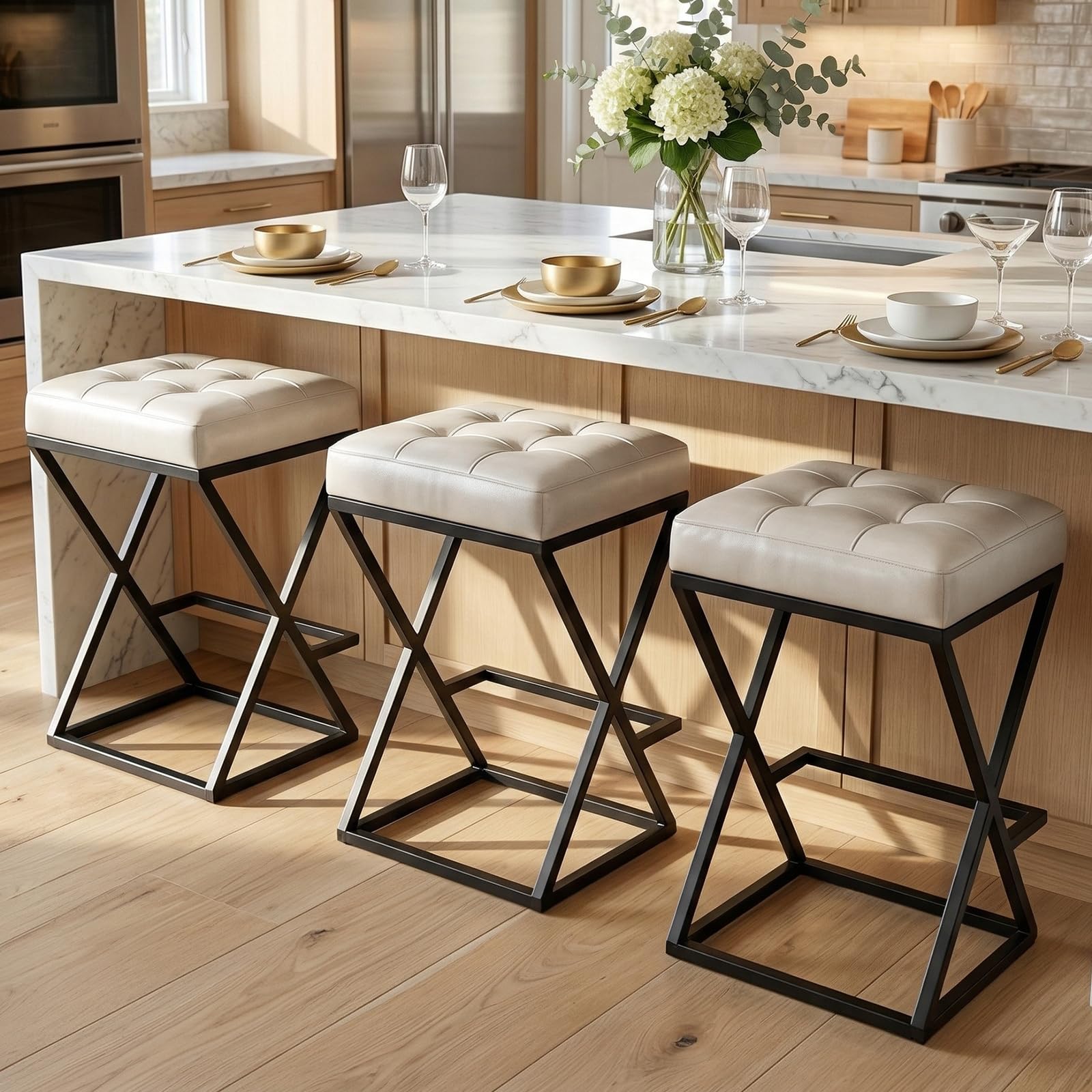 2 Pack Walnut Brown Faux Leather Backless Counter Stools with Metal X Frame Legs