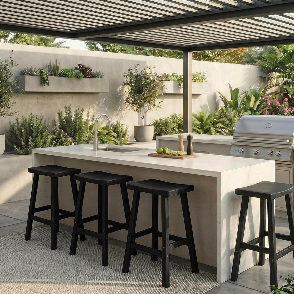 EFU Outdoor Bar Stools Set of 4,All-Weather Patio Stools & Bar Chairs, Heavy Duty Resin Saddle Stool with Protective Foot Pads,Waterproof 29 Inch Stool with Footrest for Deck,Balcony and Yard (Black)