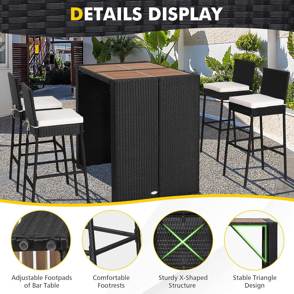 HAPPYGRILL 5 Pieces Outdoor Rattan Bar Set with 4 Cushioned Bar Stools, Height Table, Wicker Patio Bar Set Dining Set for Poolside Deck Backyard