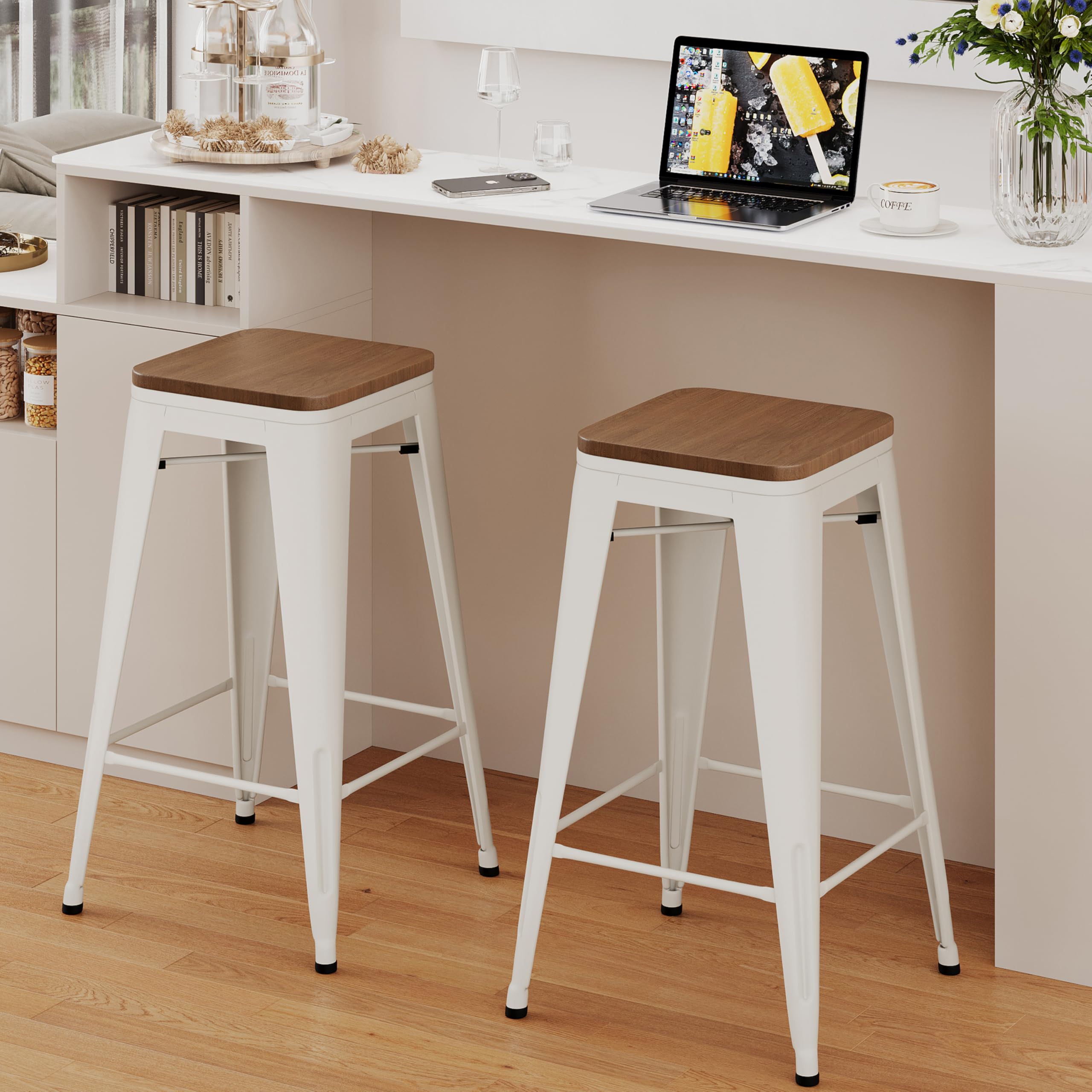 Alunaune 26" Metal Counter Height Bar Stools Set of 4 Backless Stackable Industrial Kitchen Patio Stool Bar Chairs with Wooden Seat-Rusty